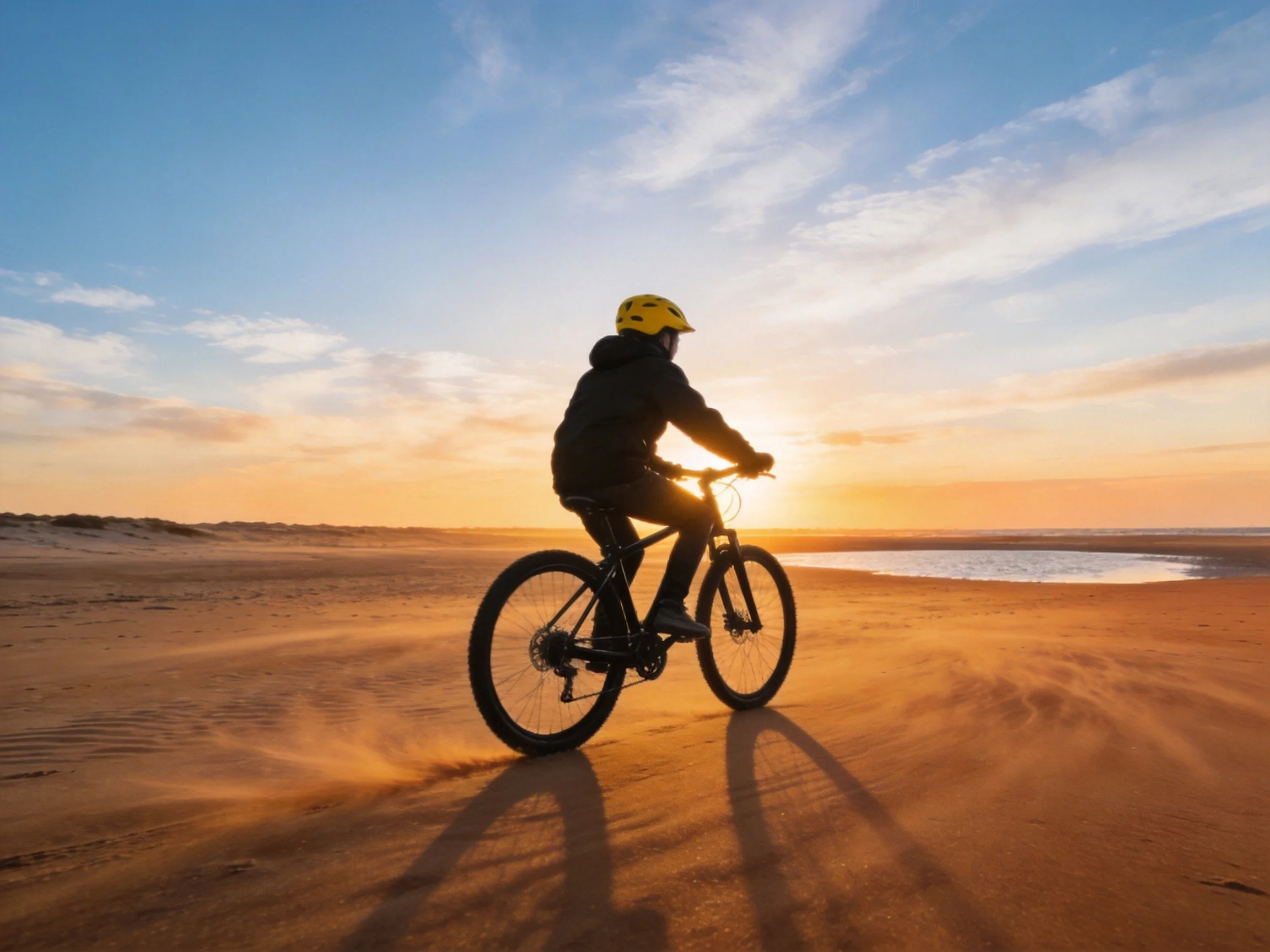 A cyclist rides a mountain bike on golden sandy beach at sunset