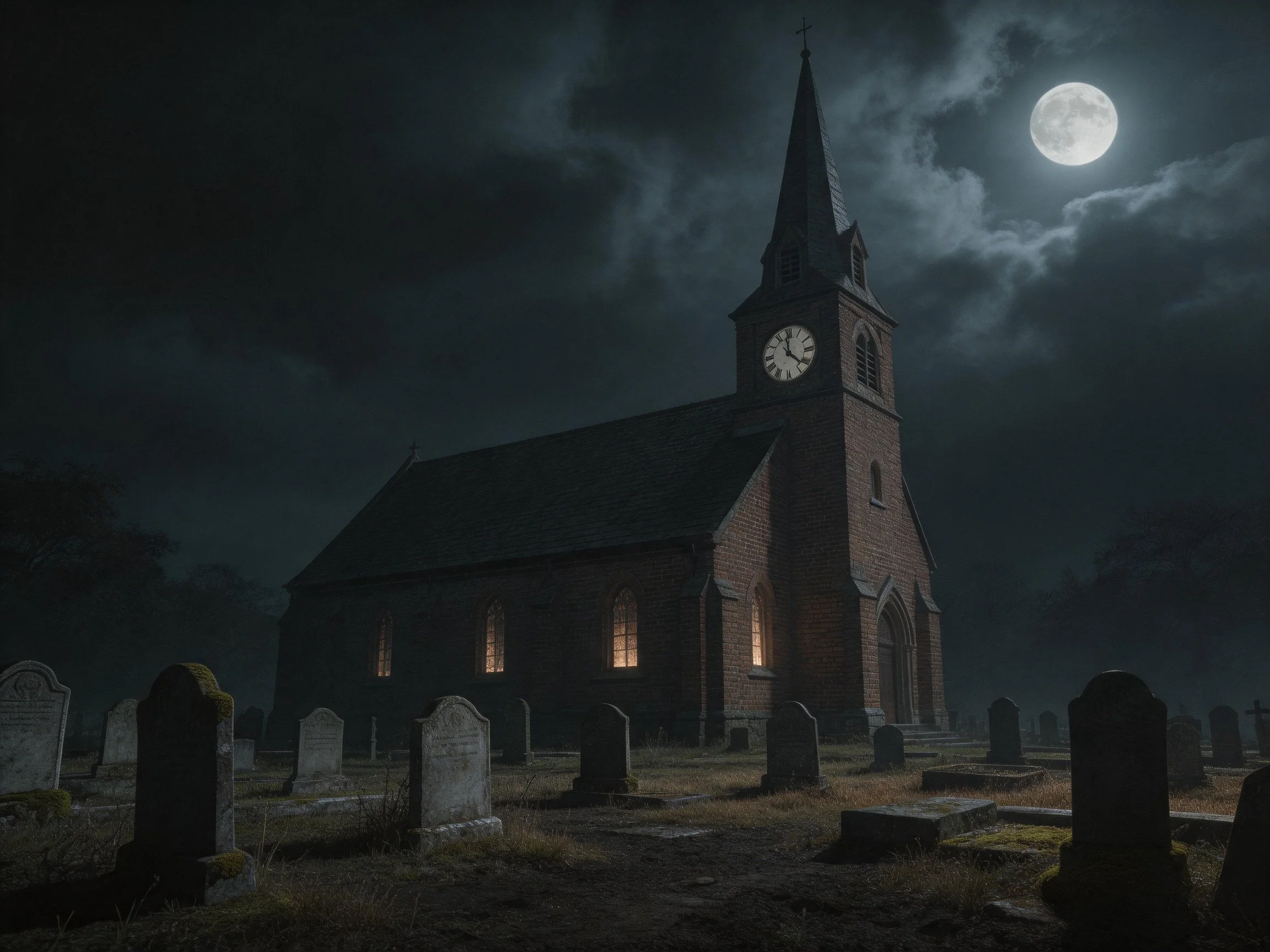 A dark-brick church stands under a cloudy moonlit sky near old tombstones