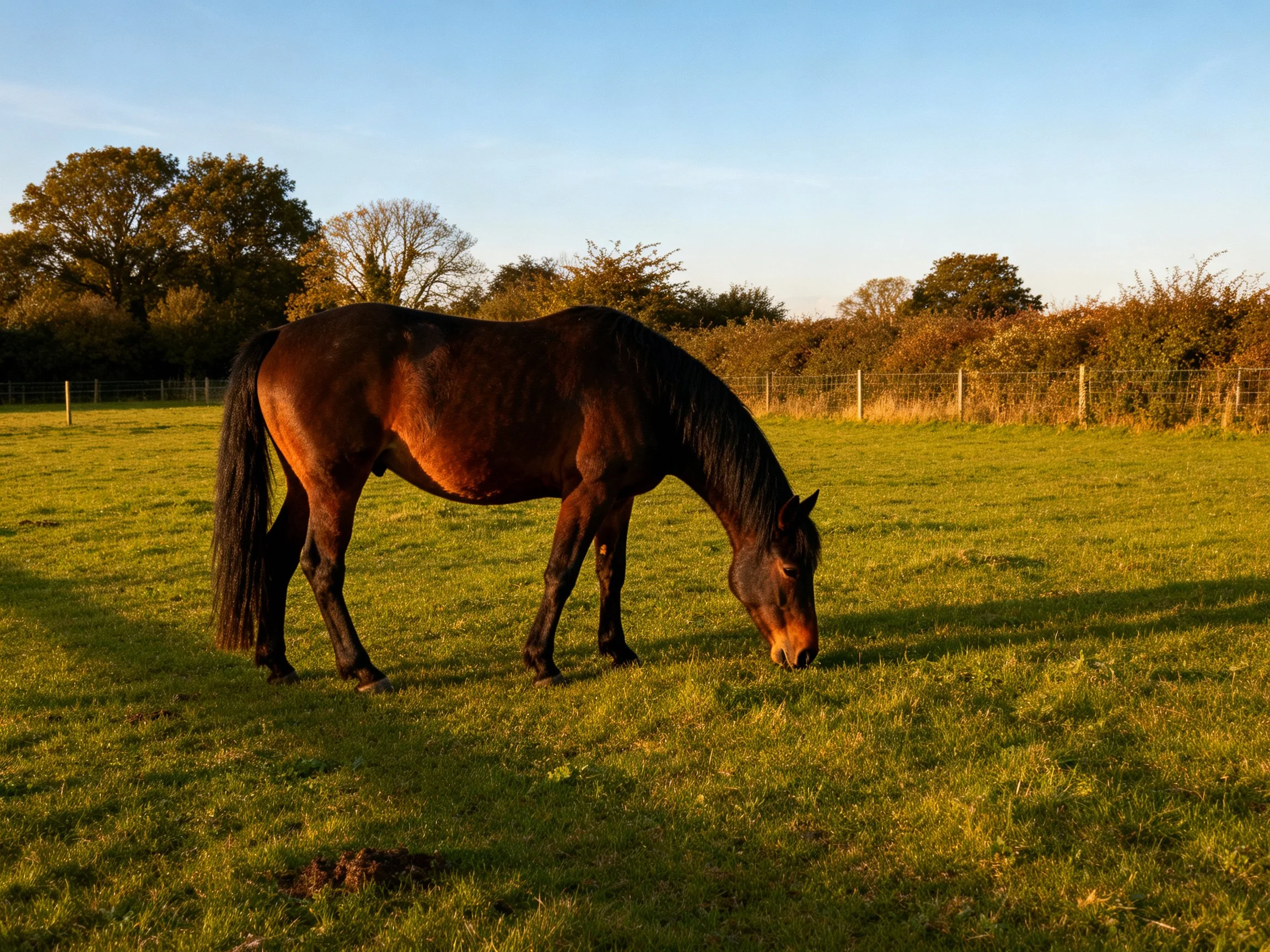 A dark brown horse grazing in a sunlit green pasture