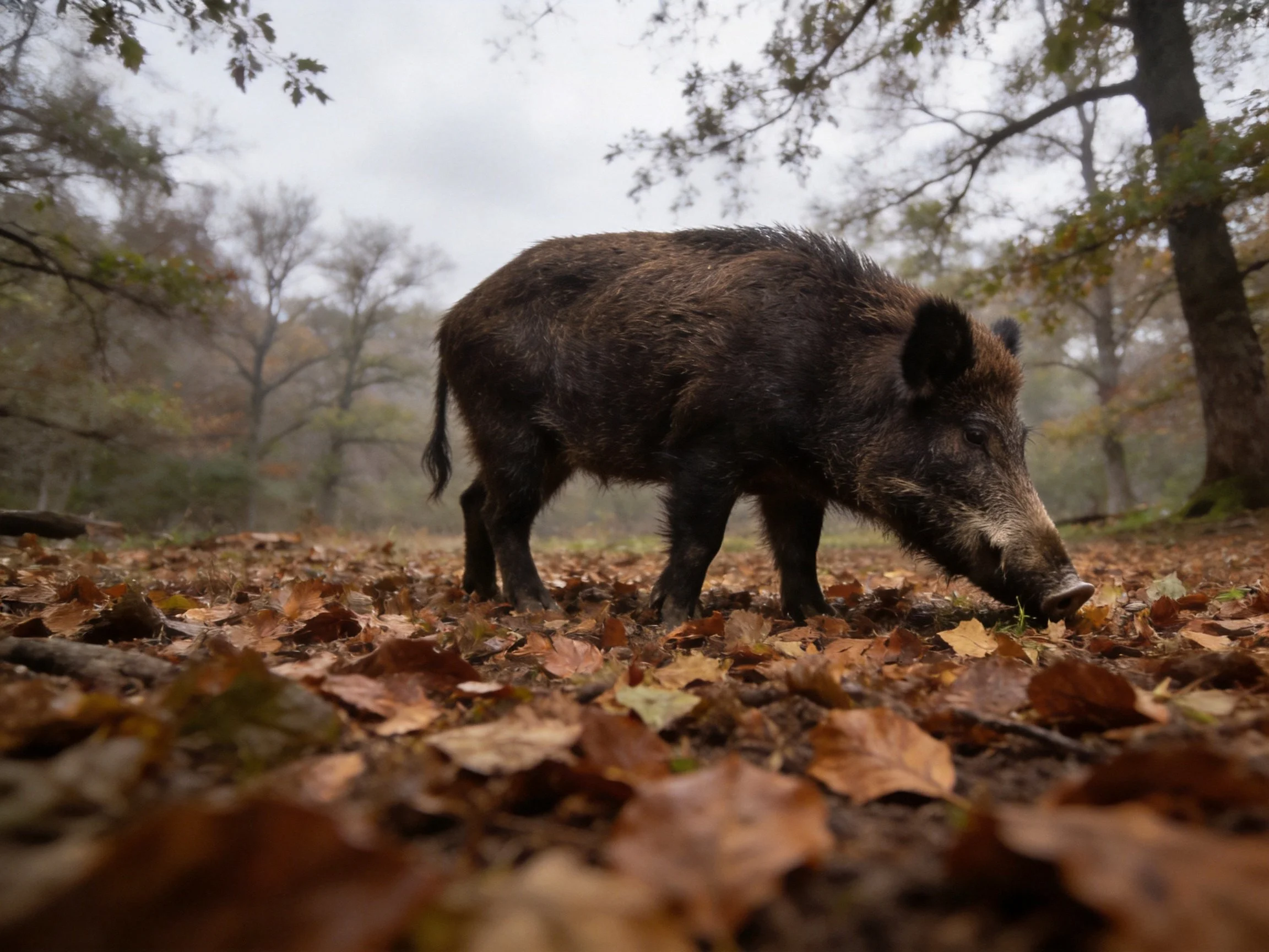 A dark brown wild boar forages among autumn leaves in a misty forest