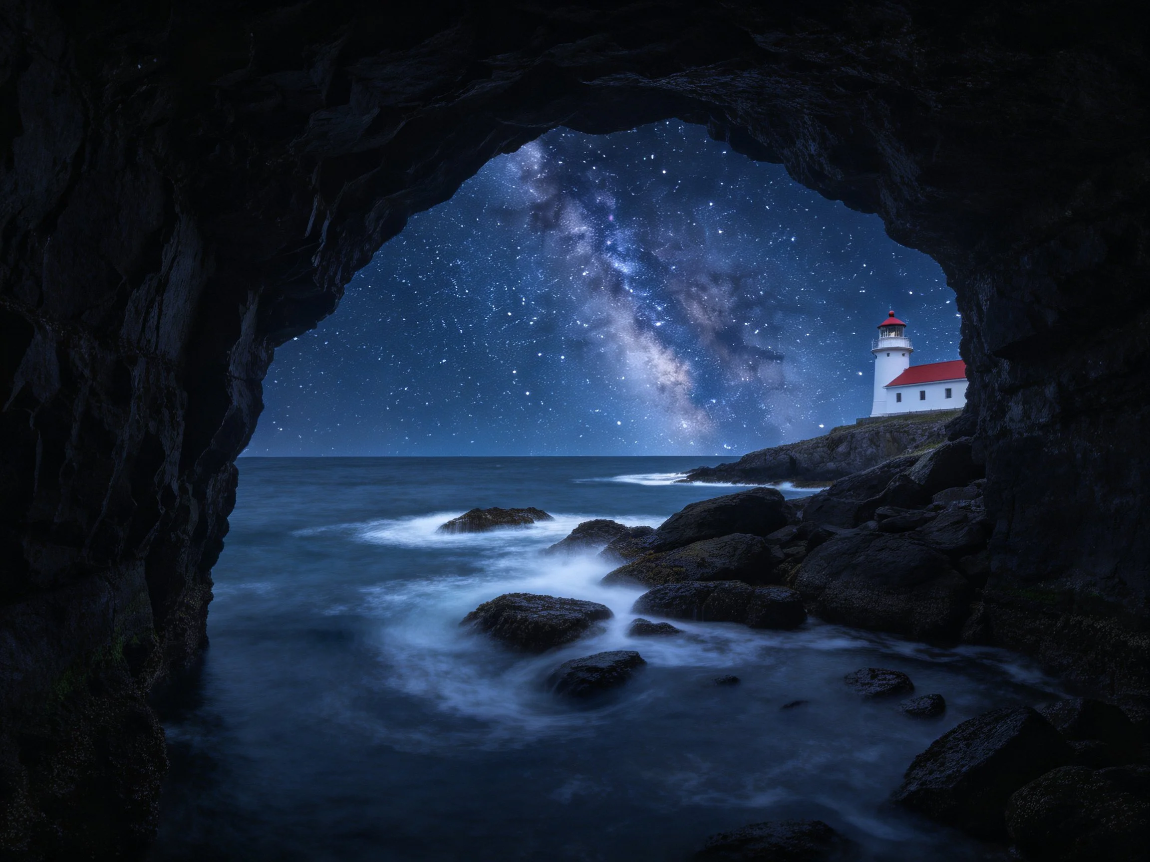 A dark cave frames a starry night with a coastal lighthouse and rocky shore