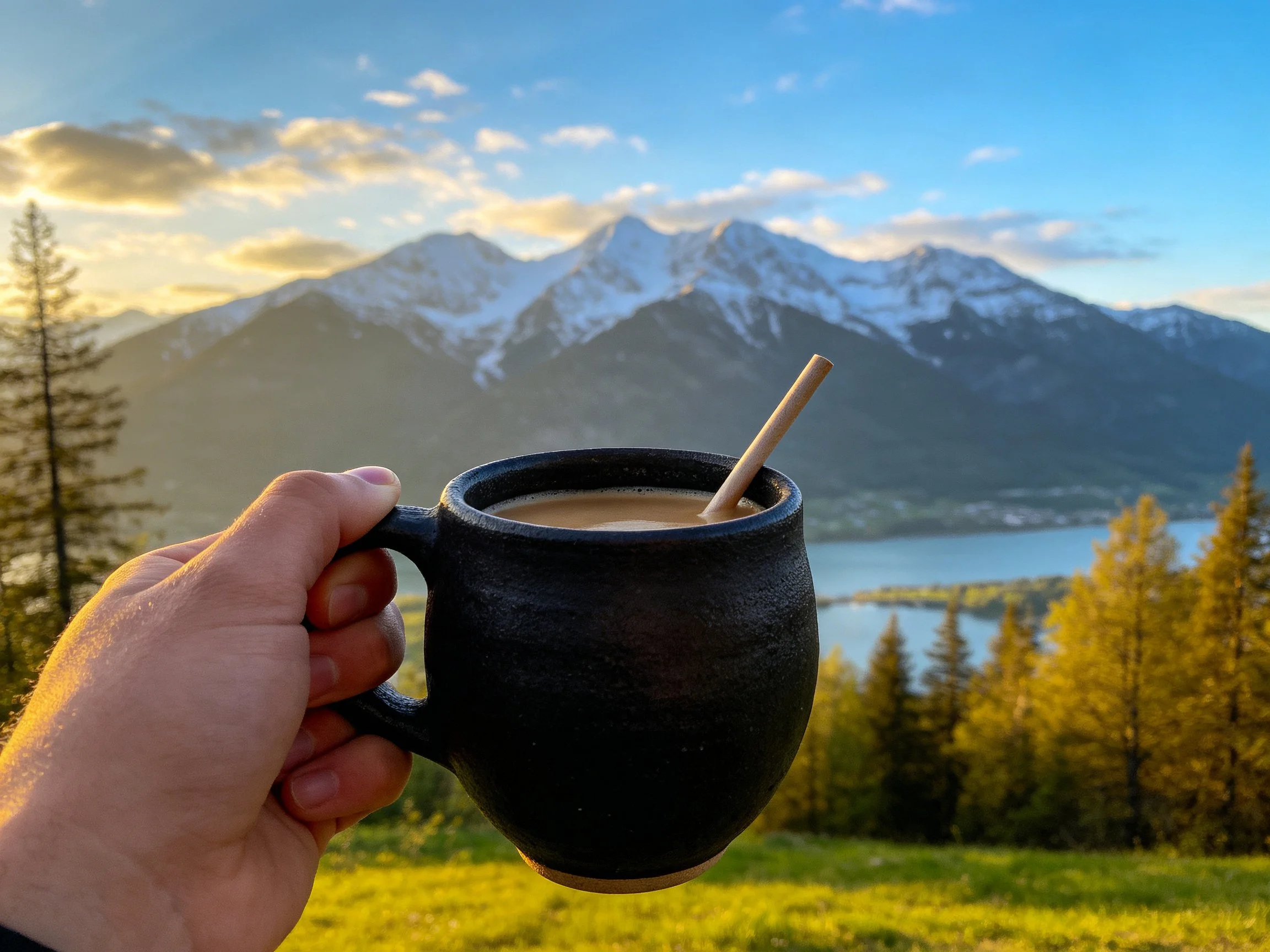 A dark ceramic mug held up near snow-capped mountains and a lake