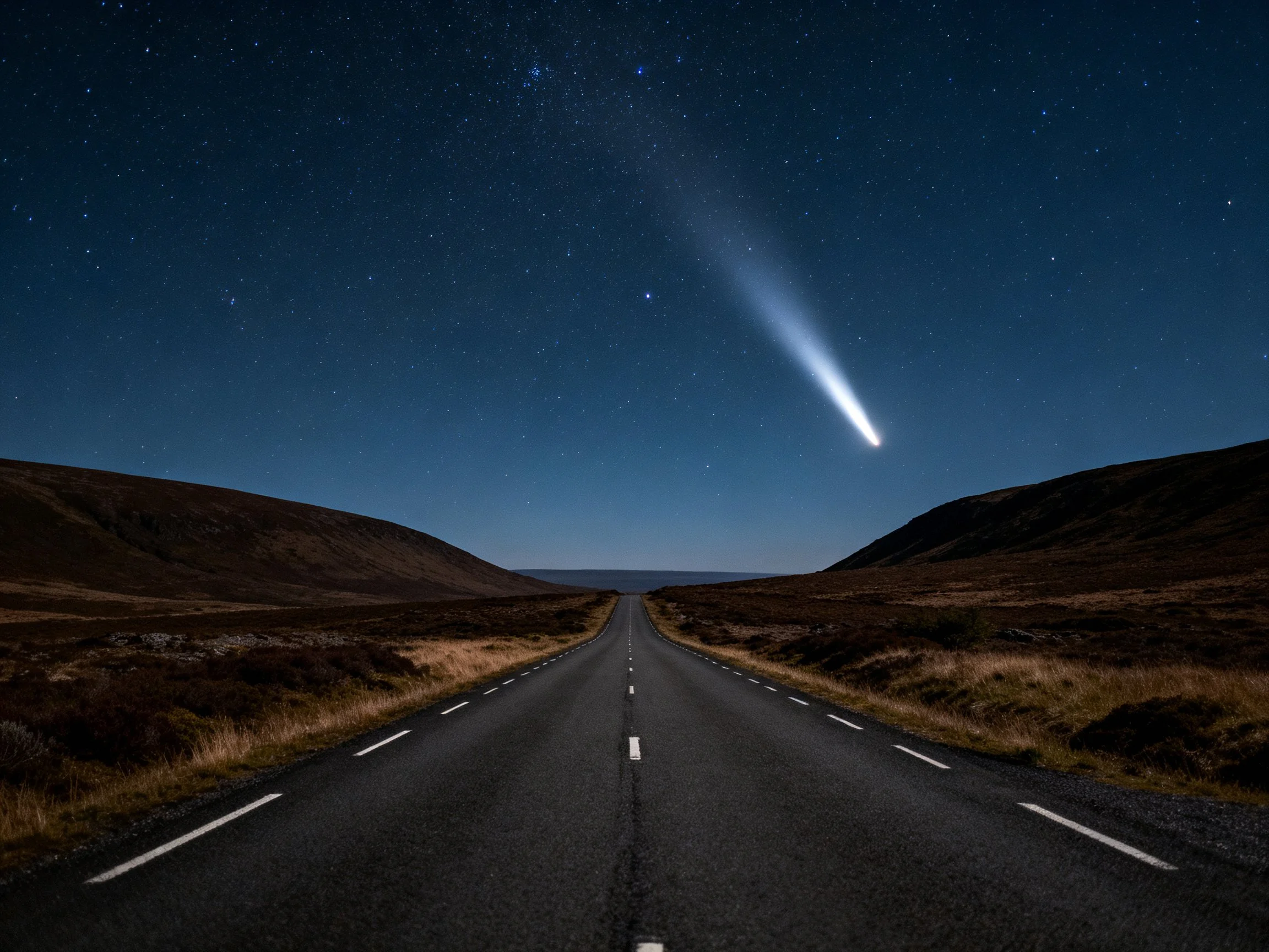 A dark road stretches toward a luminous celestial object under starry night
