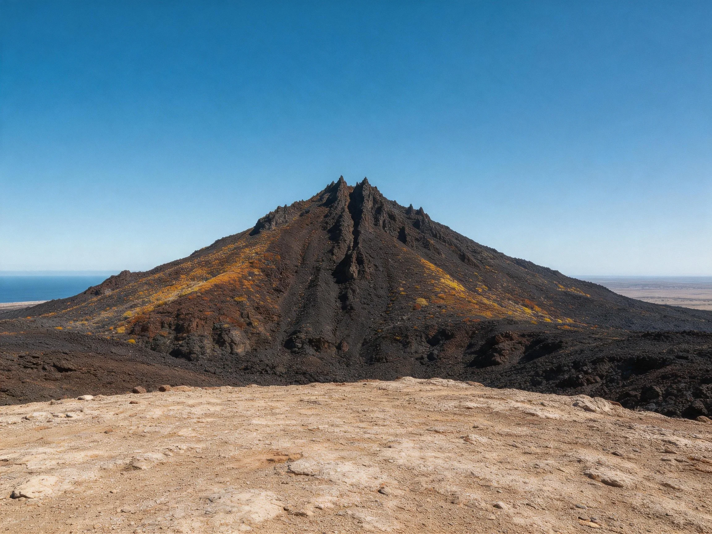 A dark volcanic peak with yellow patches under a clear blue sky