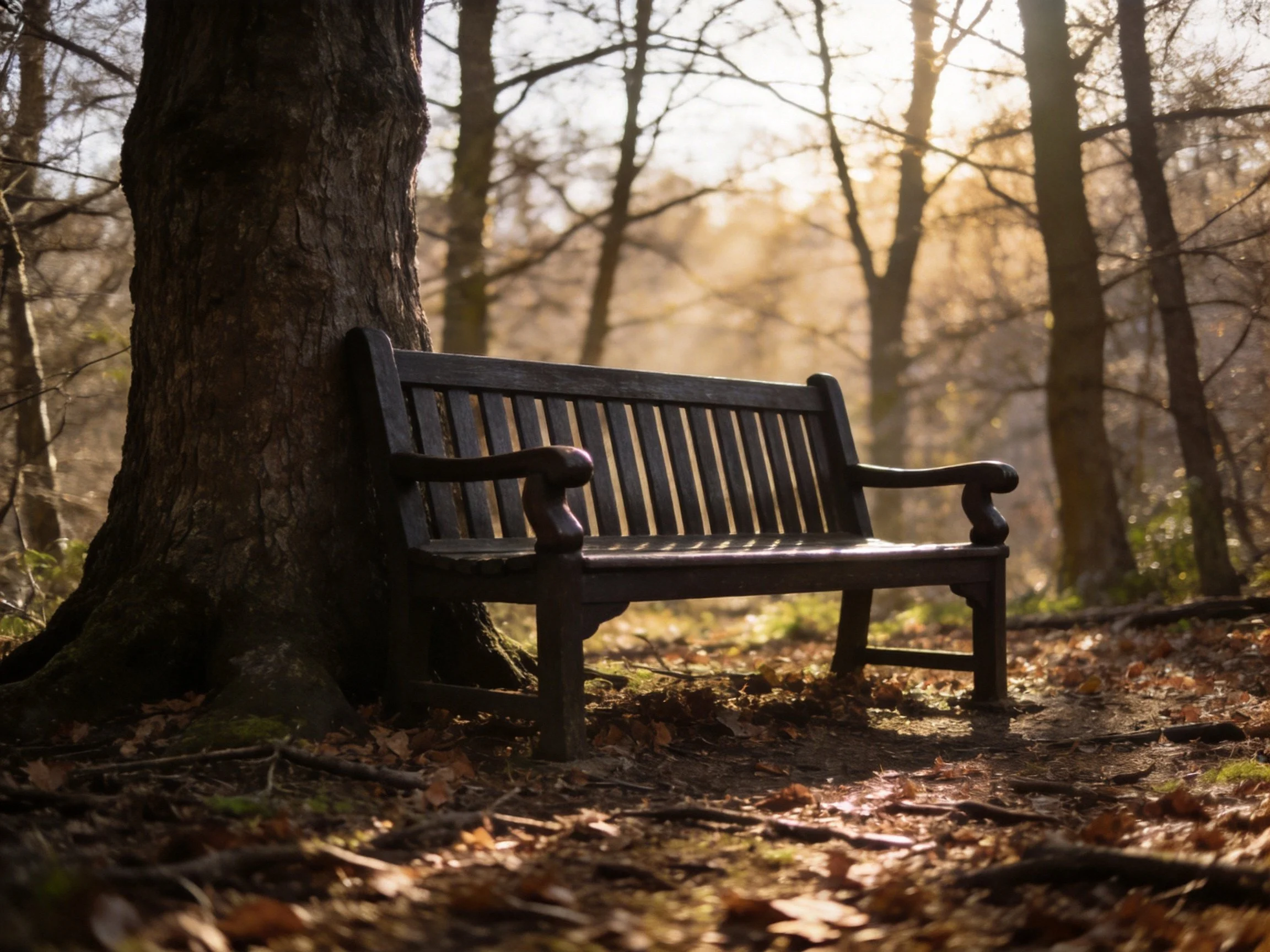 A dark wooden bench beside a large tree in sun-dappled woodland