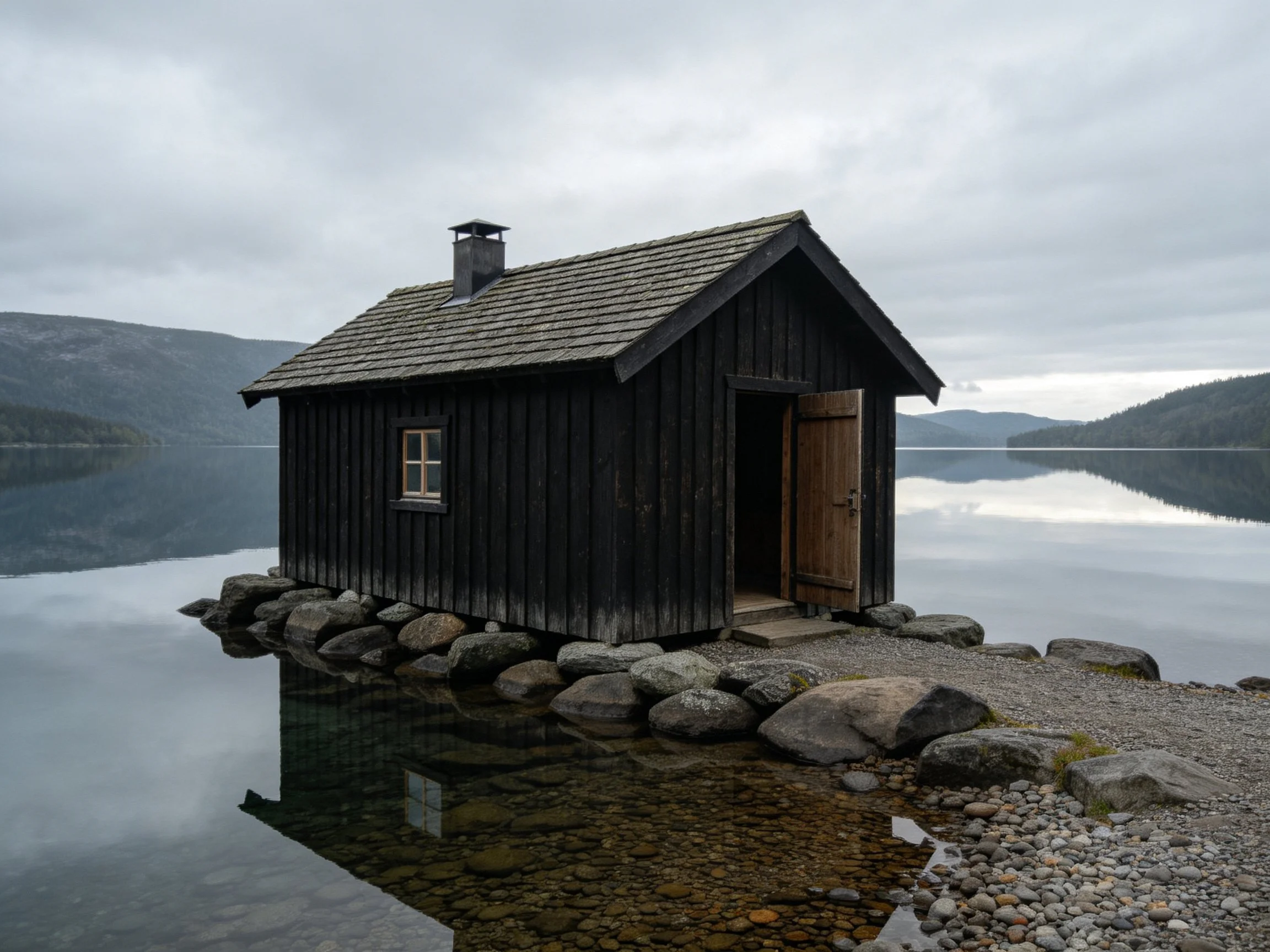 A dark wooden cabin on rocky lakeshore with calm water