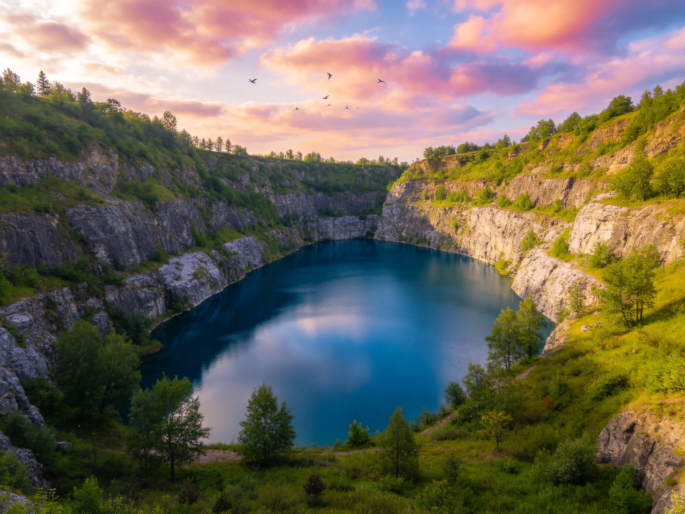 A deep blue lake in rocky cliffs with lush greenery and pink sky