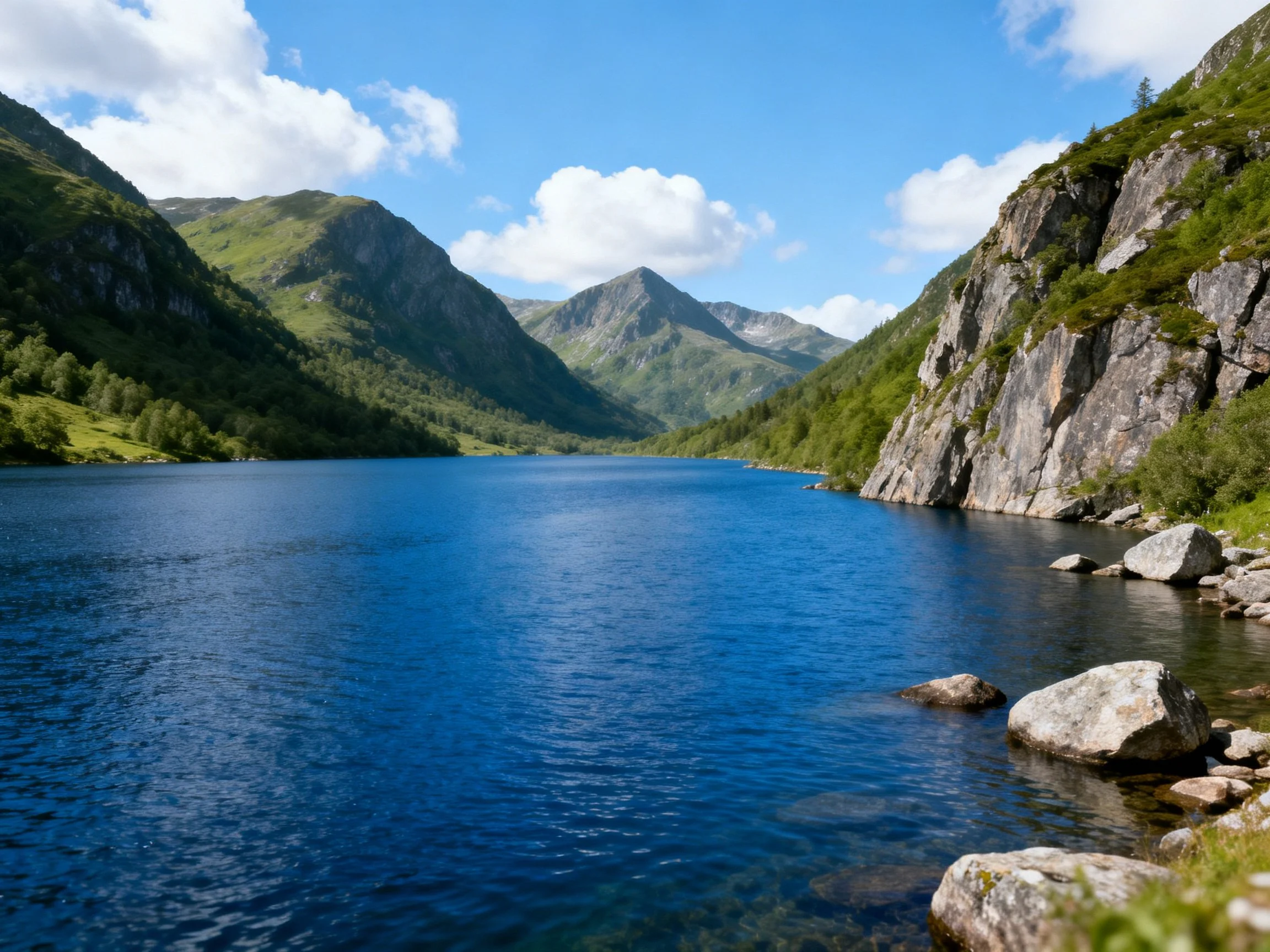 A deep blue lake surrounded by lush green mountains and rocky cliffs