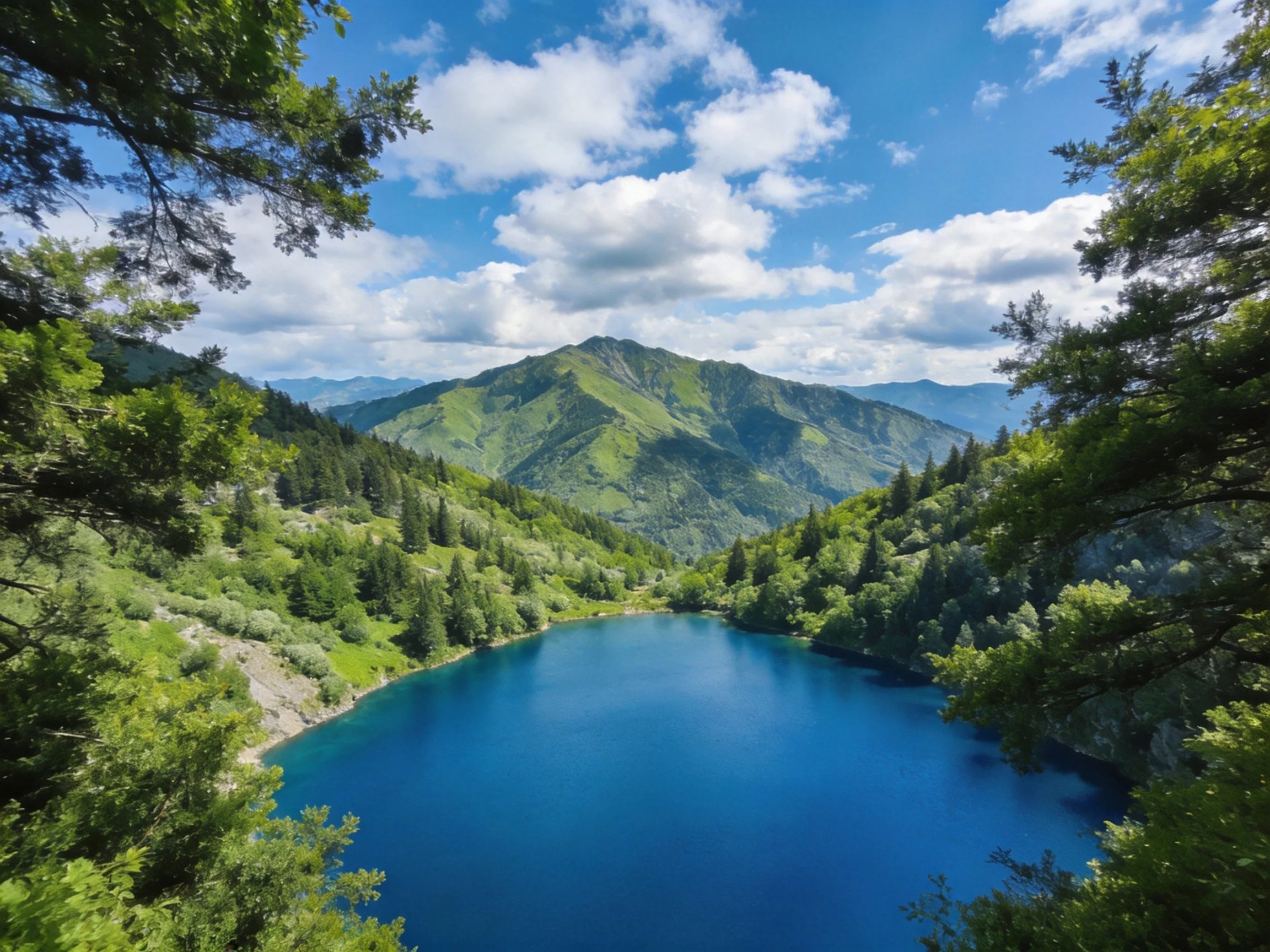 A deep blue lake surrounded by verdant forests and rolling green mountains