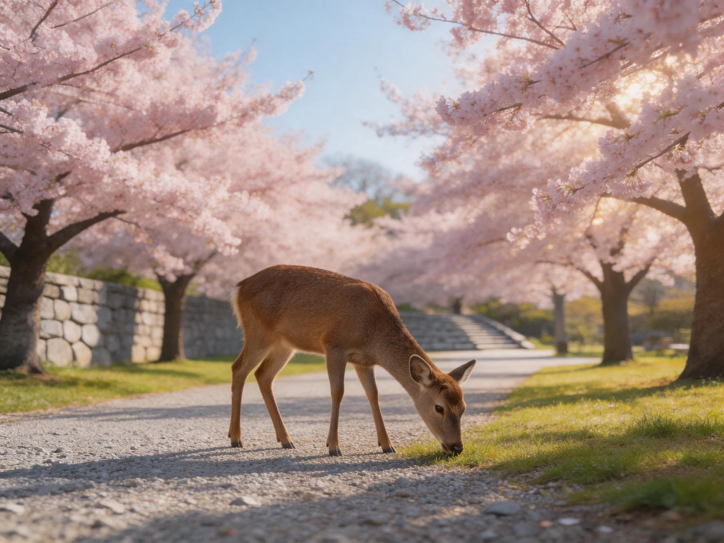 A deer grazing near pink cherry blossom trees along a stone path