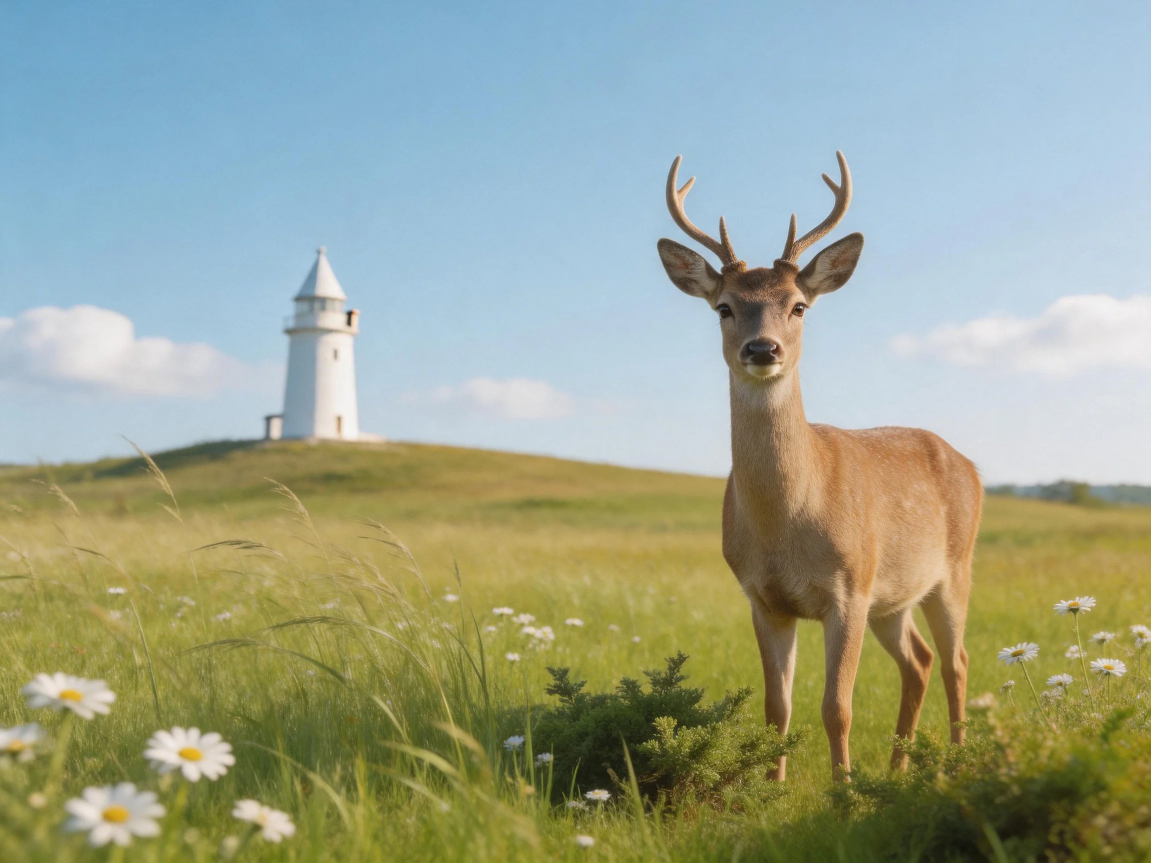 A deer in a grassy meadow near a white lighthouse
