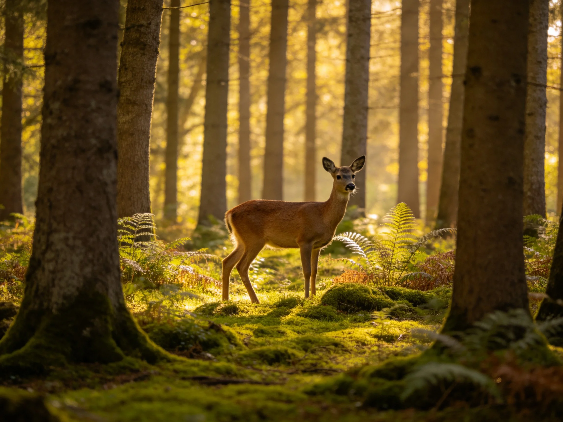 A deer stands amid tall trees in a sun-dappled forest glade
