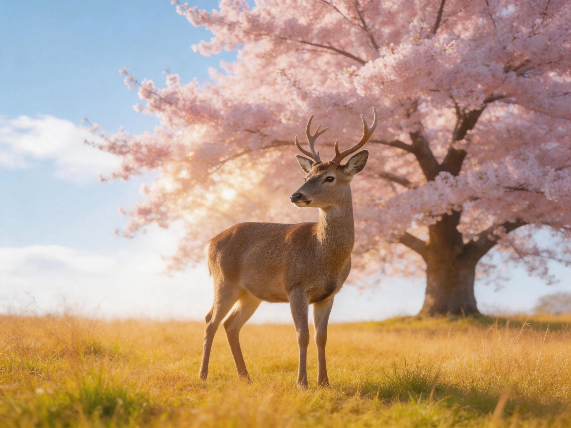 A deer stands near a blooming pink cherry blossom tree in a golden meadow
