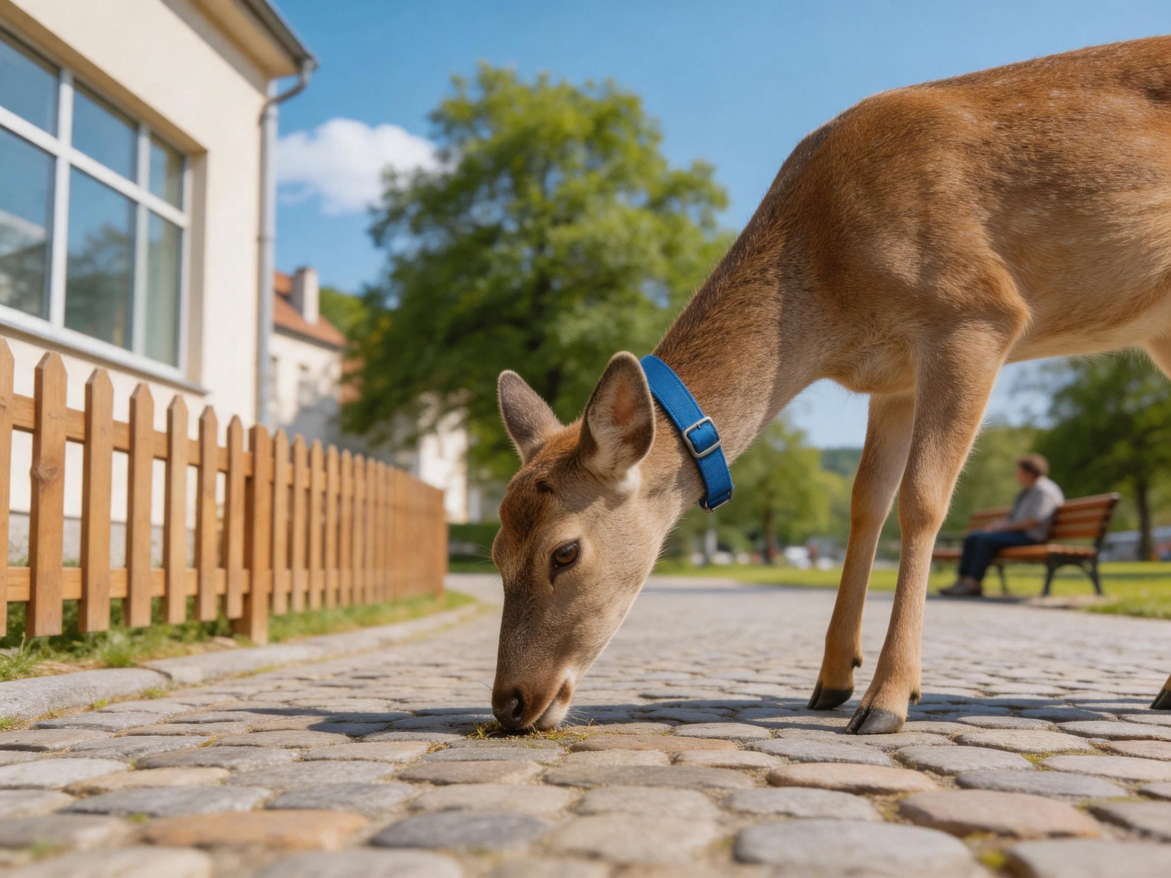 A deer with a blue collar grazing on cobblestones near a wooden fence