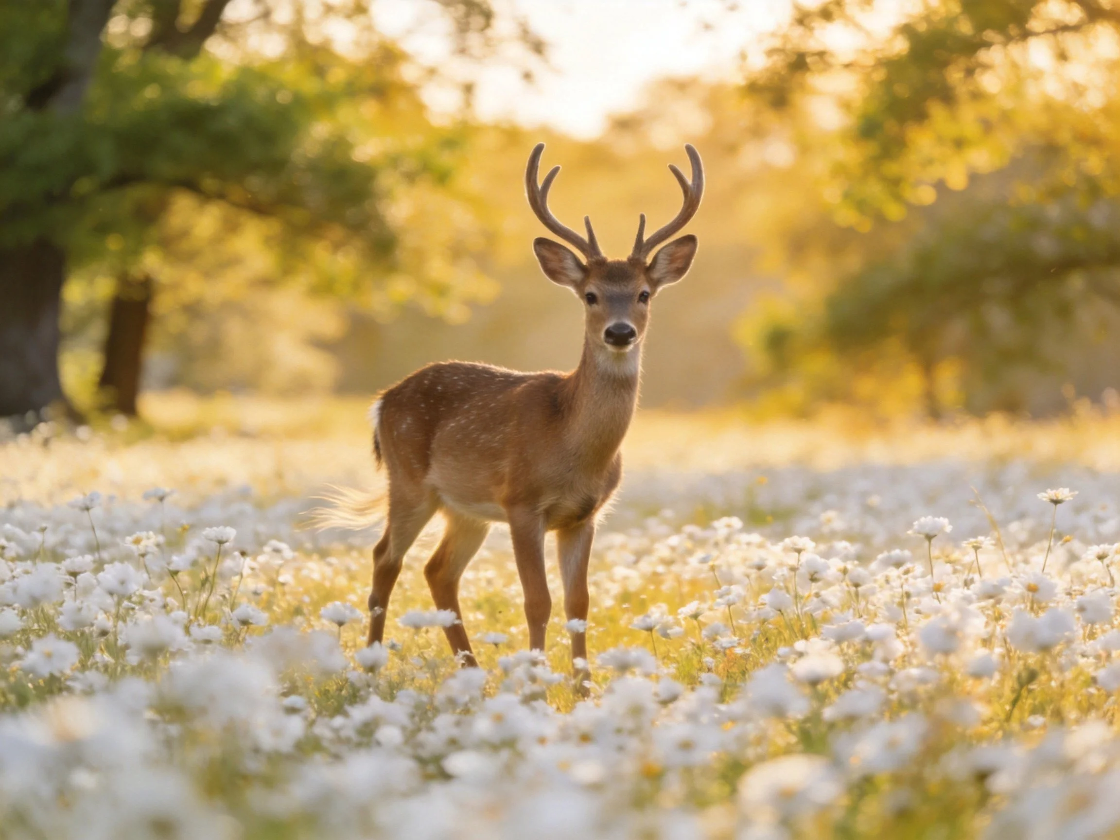 A deer with antlers stands in a field of white wildflowers near golden-hued trees