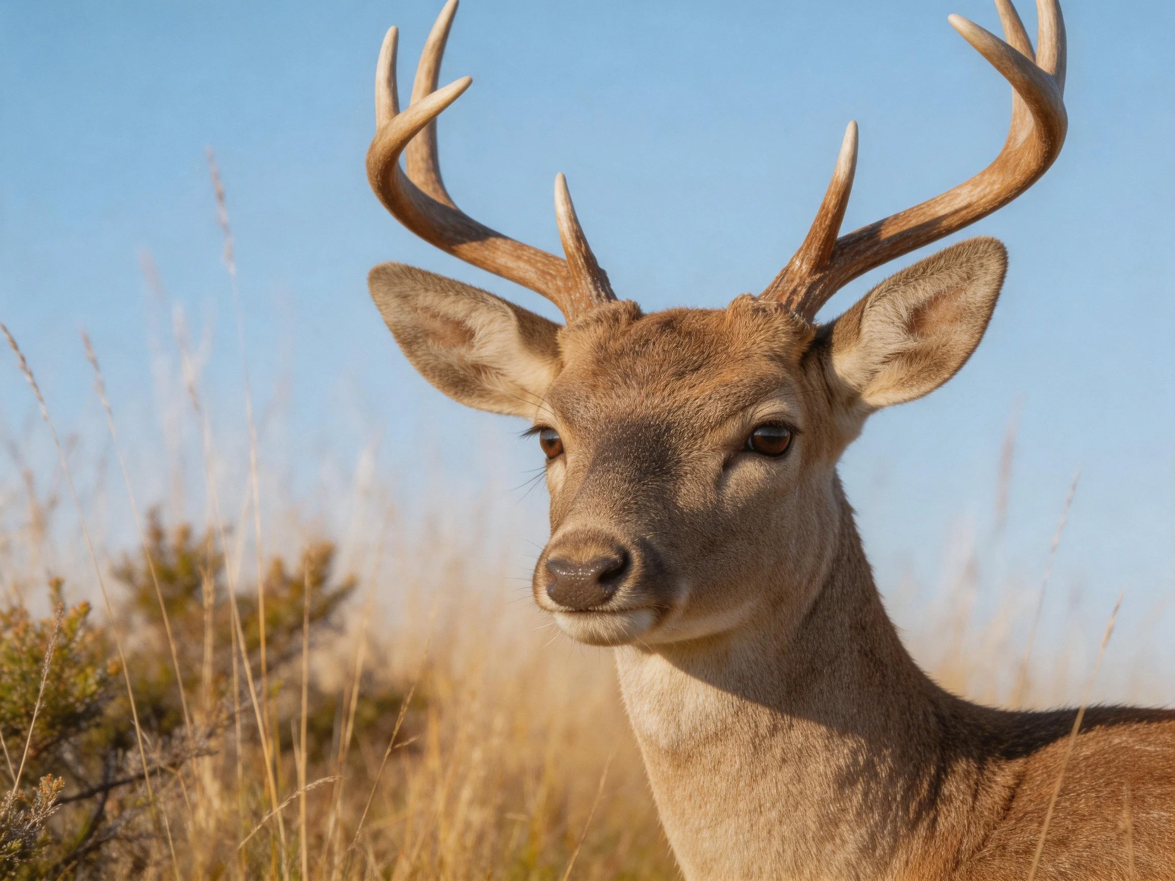 A deer with large antlers stands in golden grass near a clear blue sky