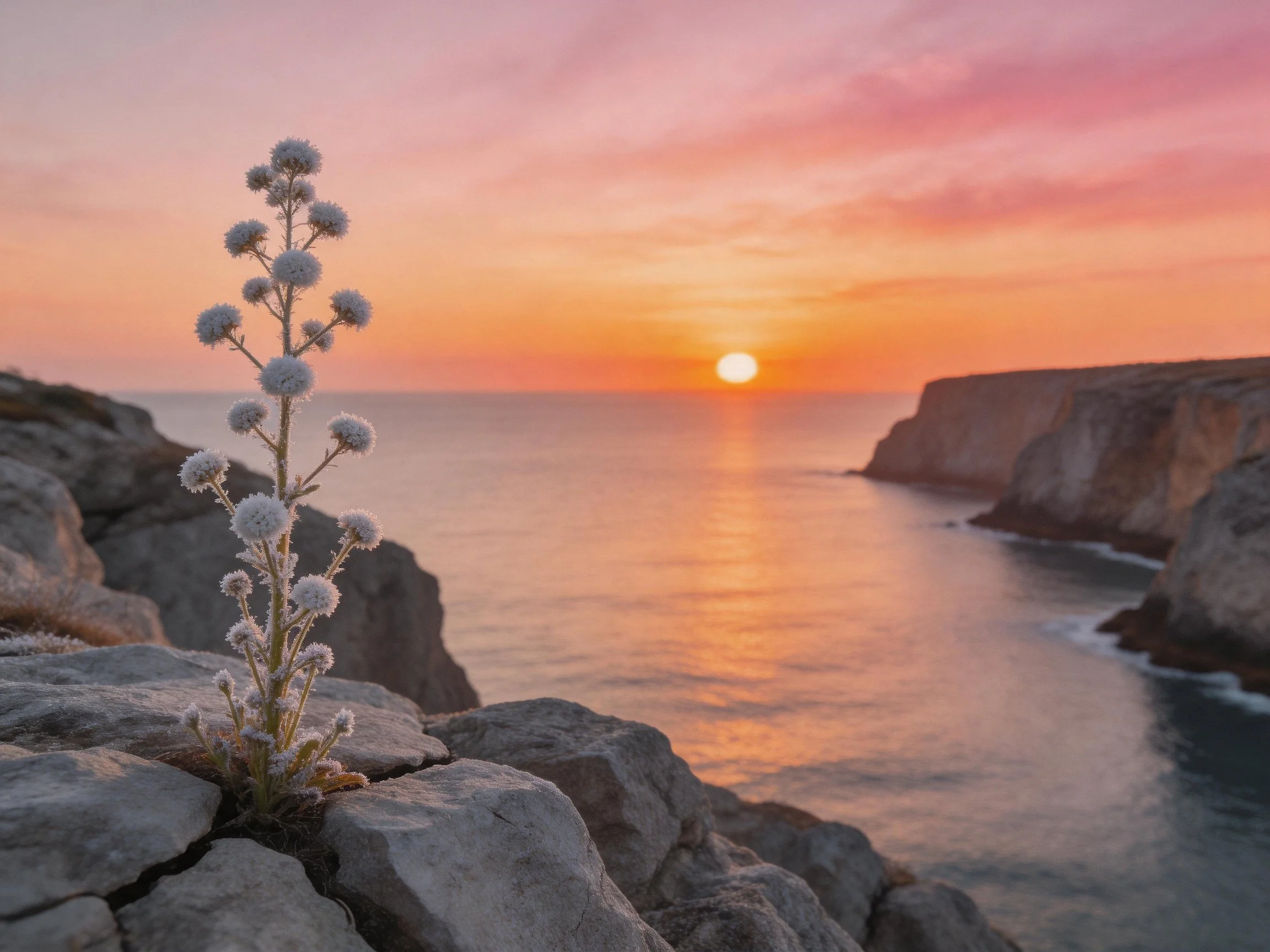 A delicate flowering plant on rugged coastal rocks by a glowing ocean sunset