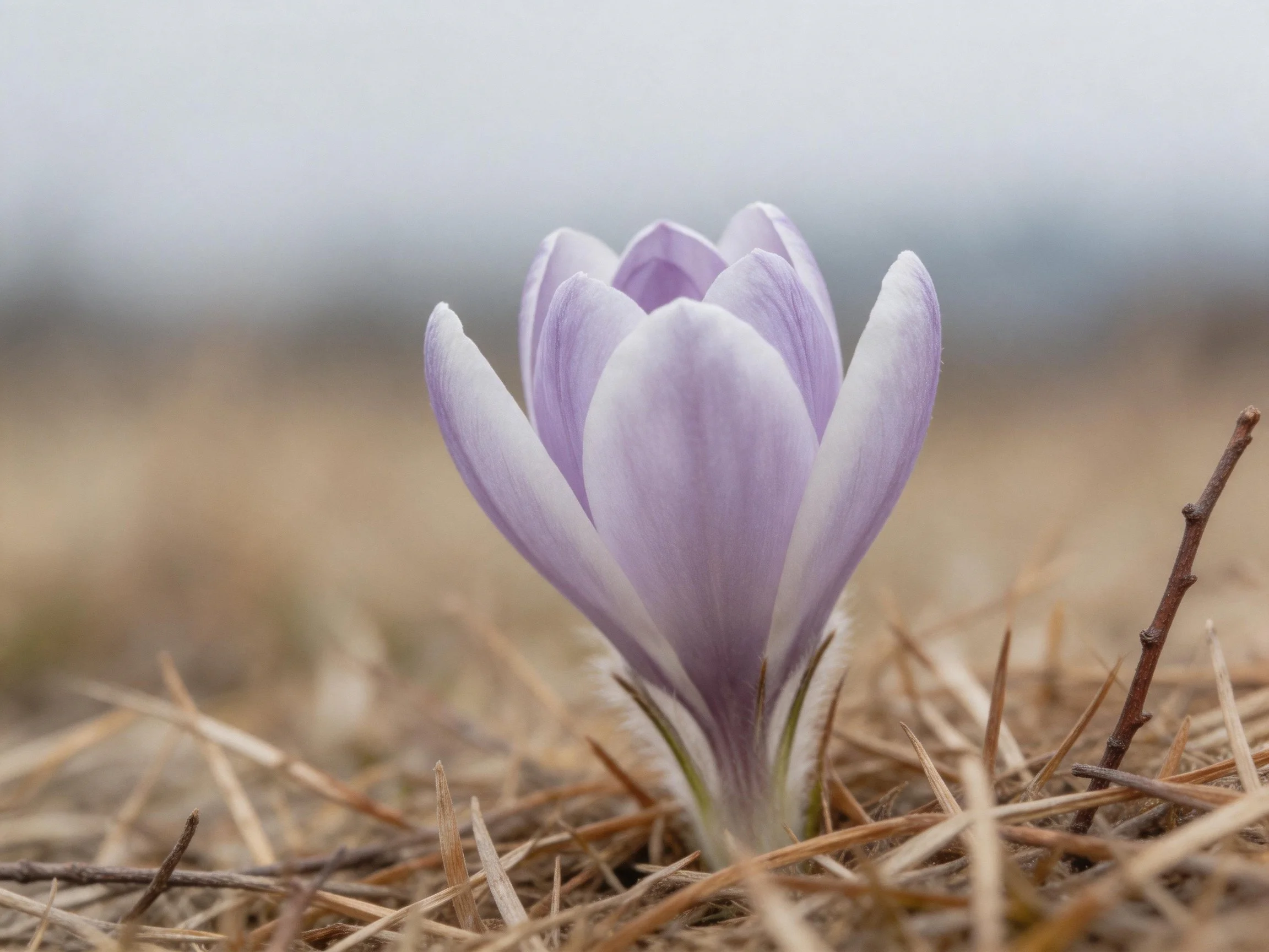 A delicate lavender crocus blooms among dry straw under soft light