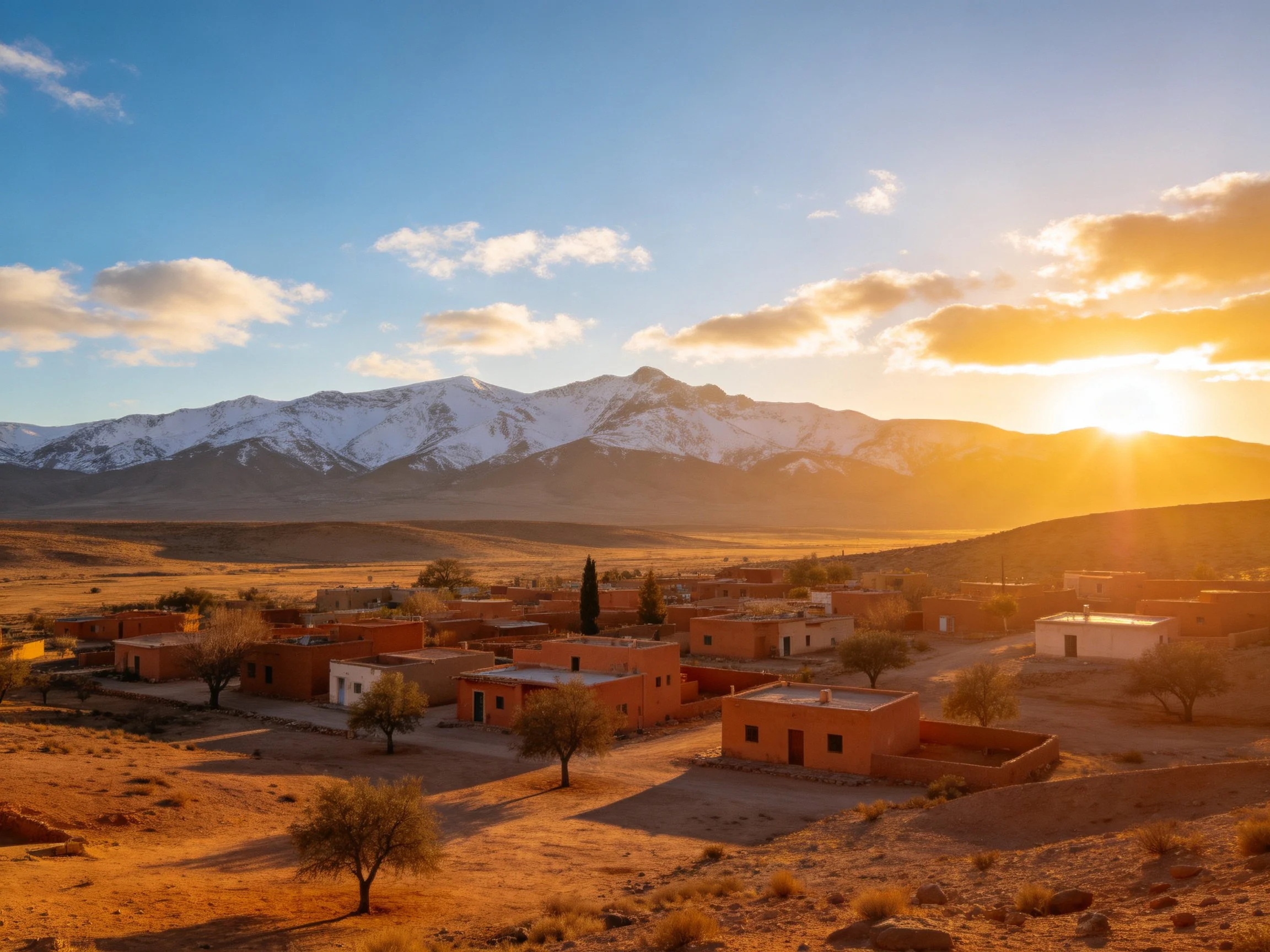 A desert village with terracotta homes near snow-capped mountains