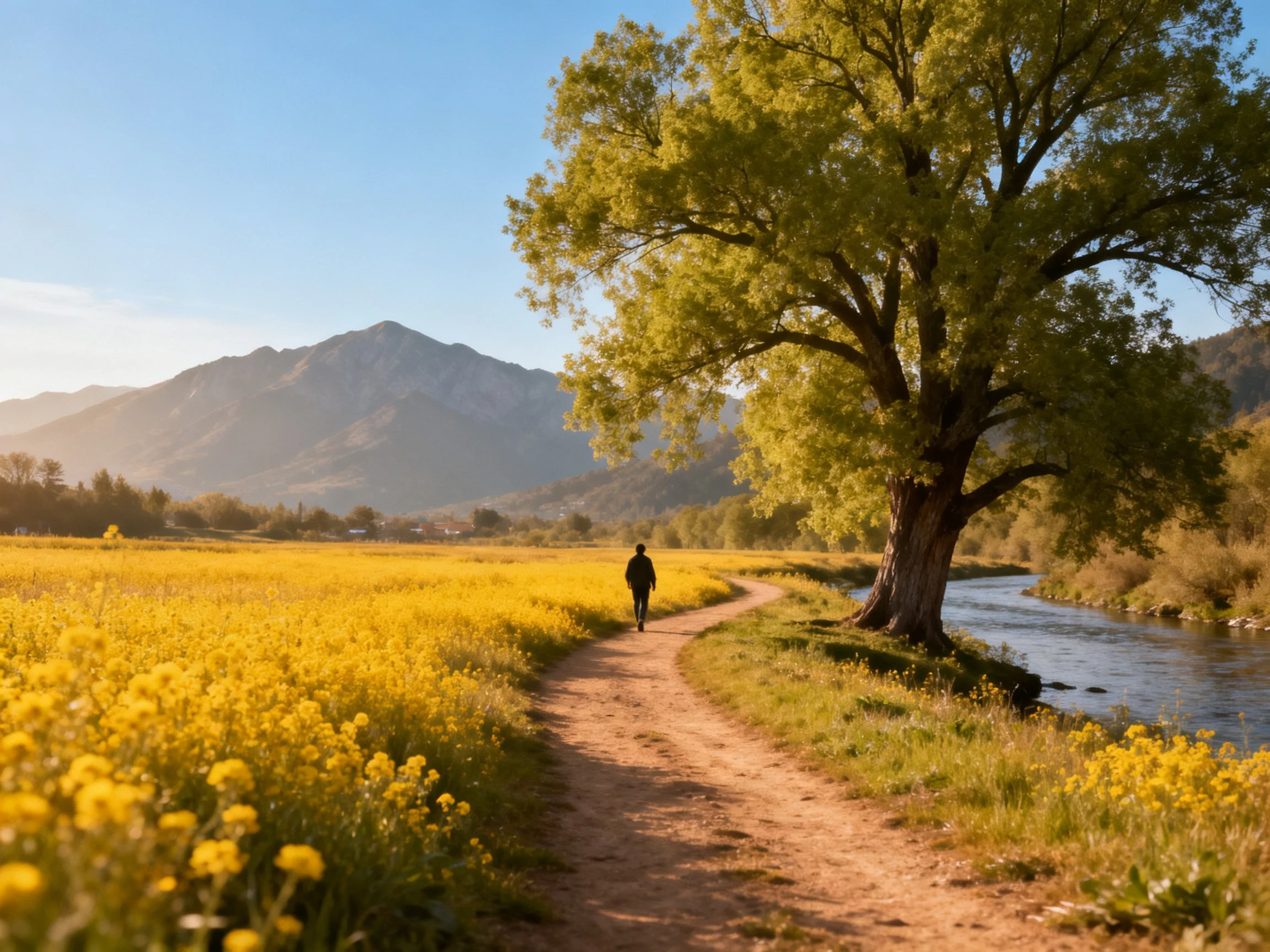 A dirt path through yellow fields near a river with a large tree and mountains