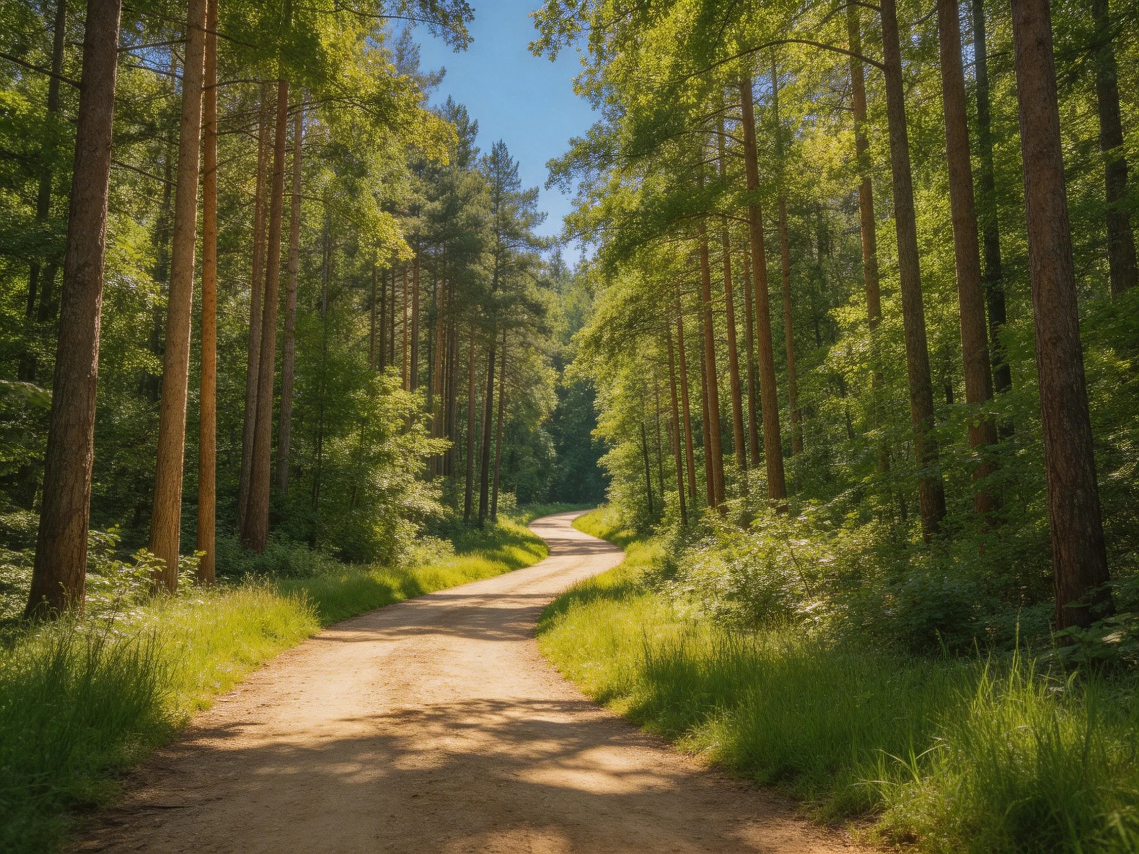 A dirt path winds through a forest of tall pine trees under bright sunlight
