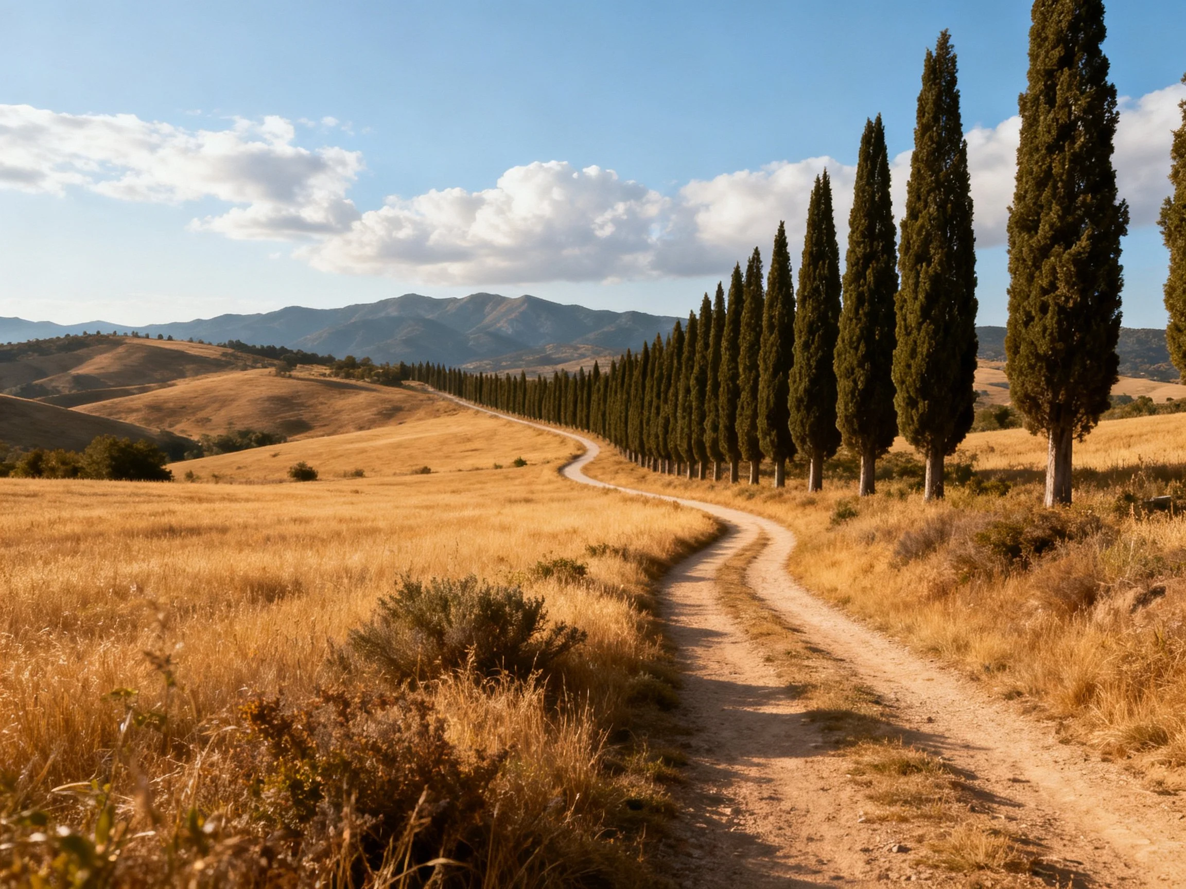 A dirt path winds through golden fields beside tall cypresses, with rolling hills and mountains