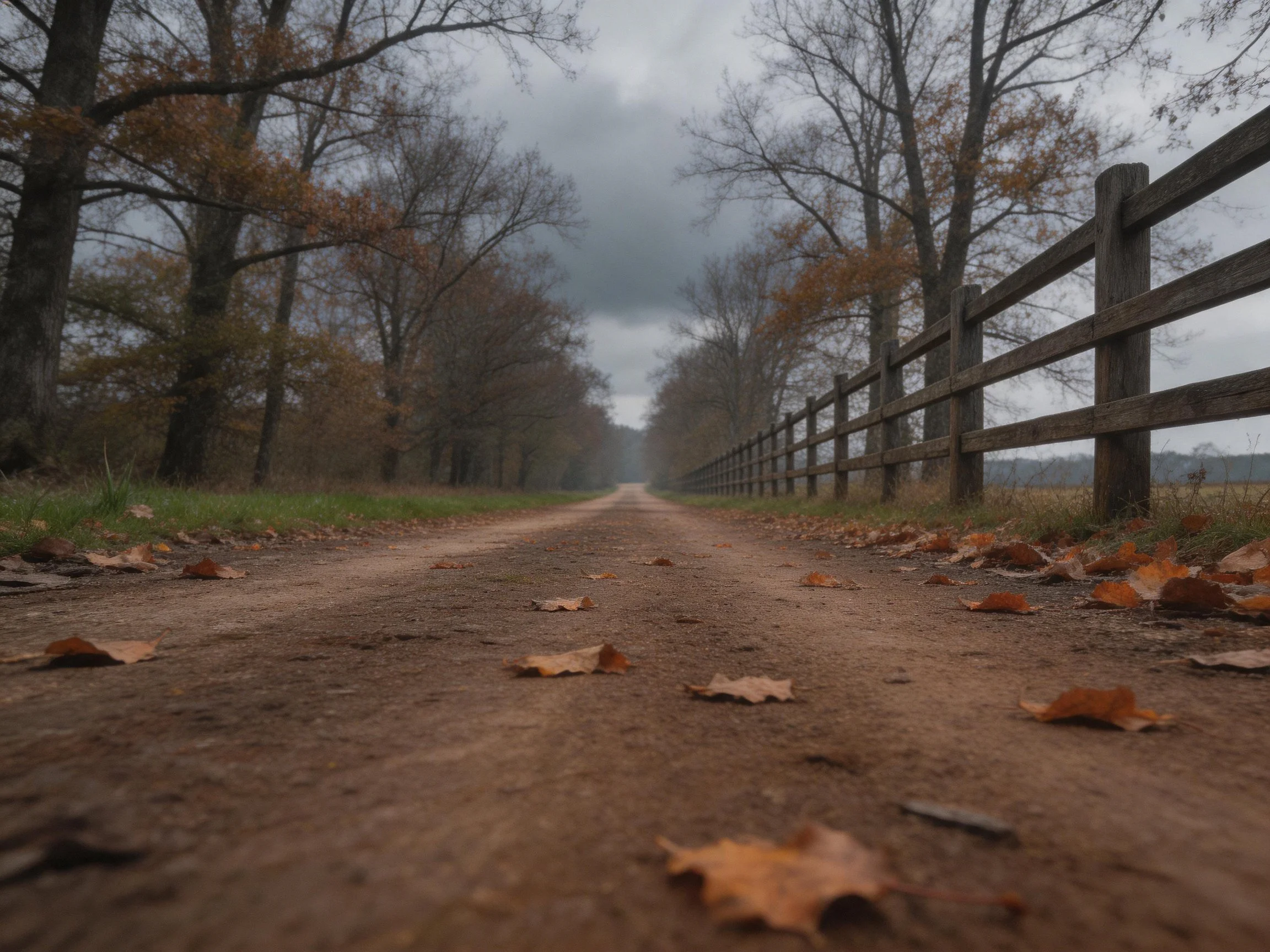 A dirt road with scattered autumn leaves and wooden fence