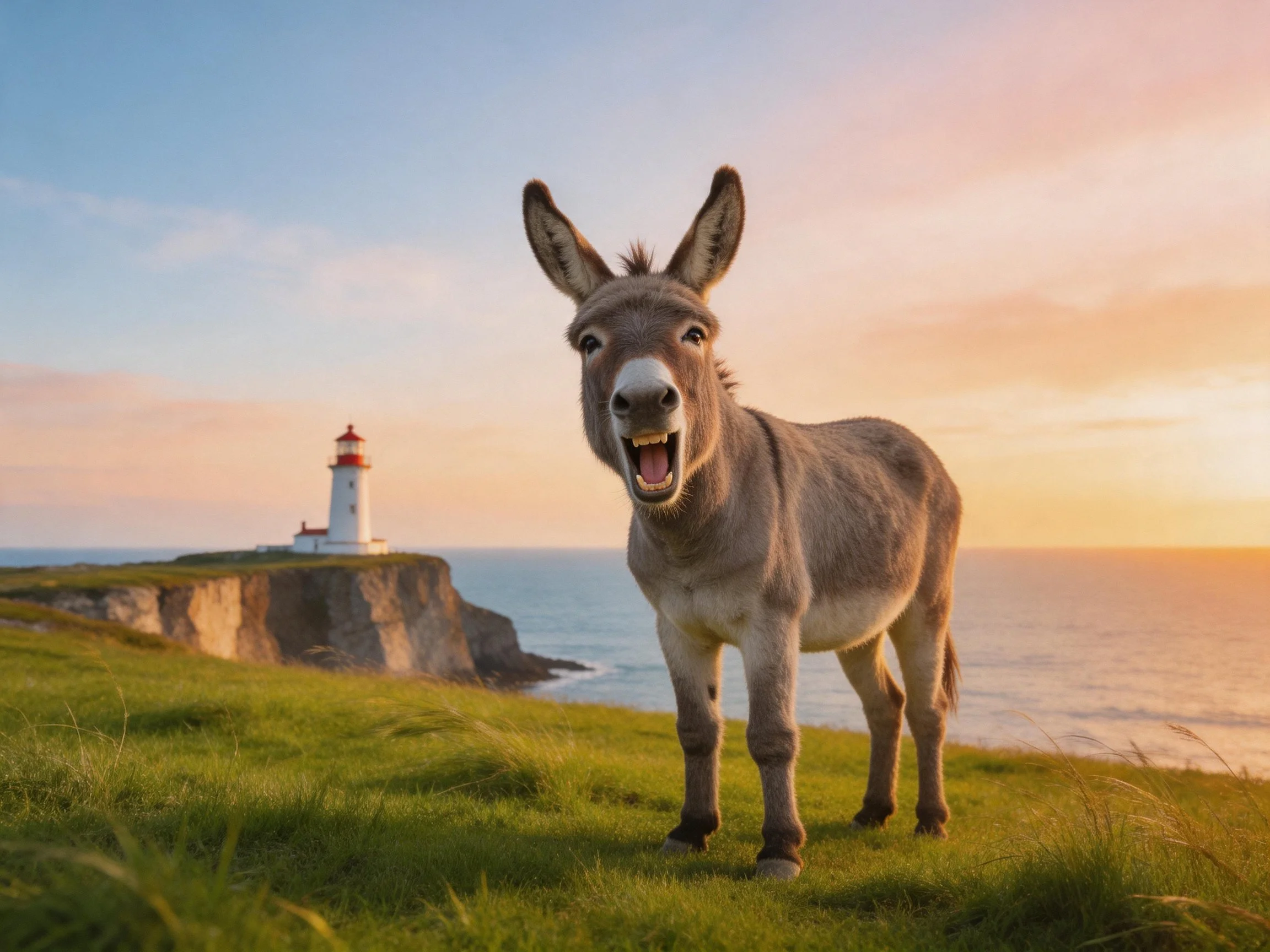 A donkey stands near a coastal cliffside lighthouse at sunset