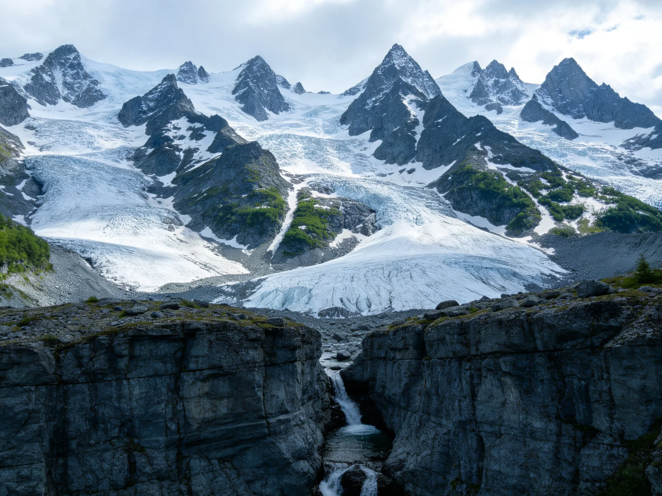 A dramatic alpine glacier landscape with jagged snow-capped peaks
