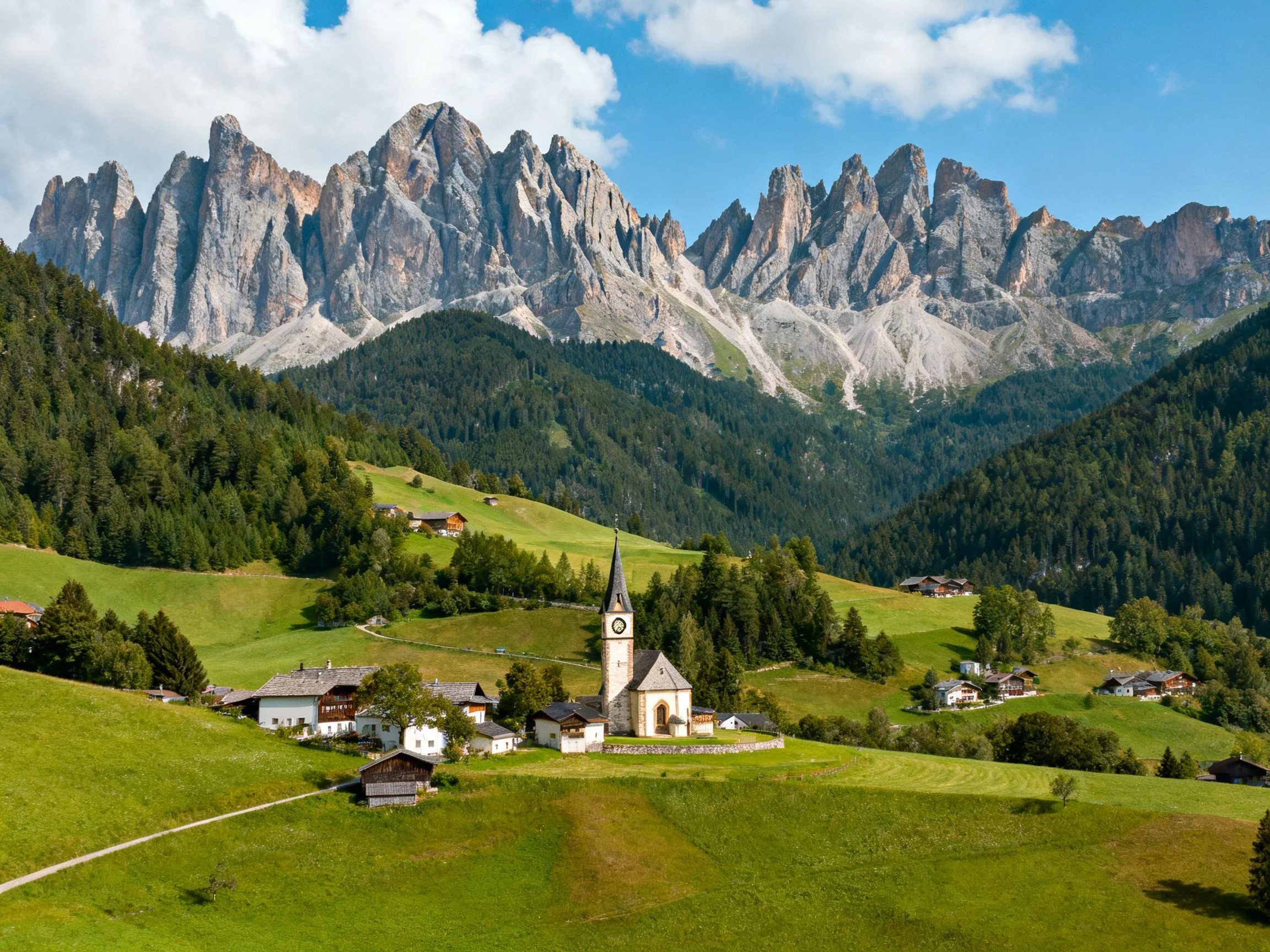 A dramatic alpine village with towering jagged peaks