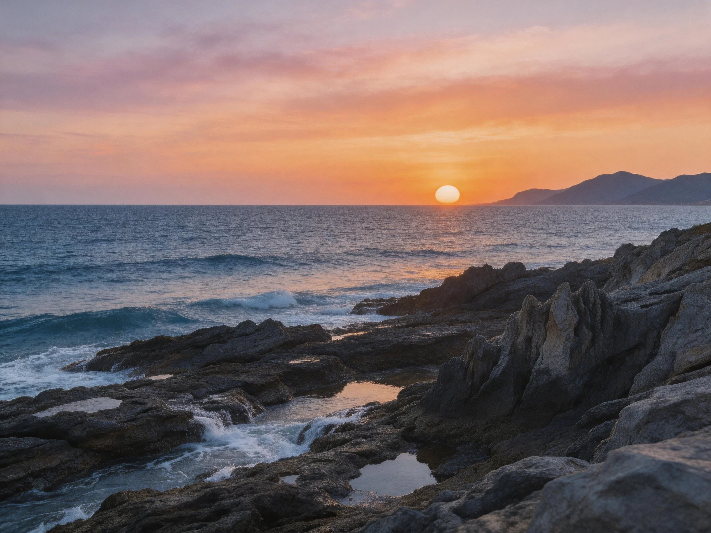 A dramatic coastal sunset with rugged rocky shoreline