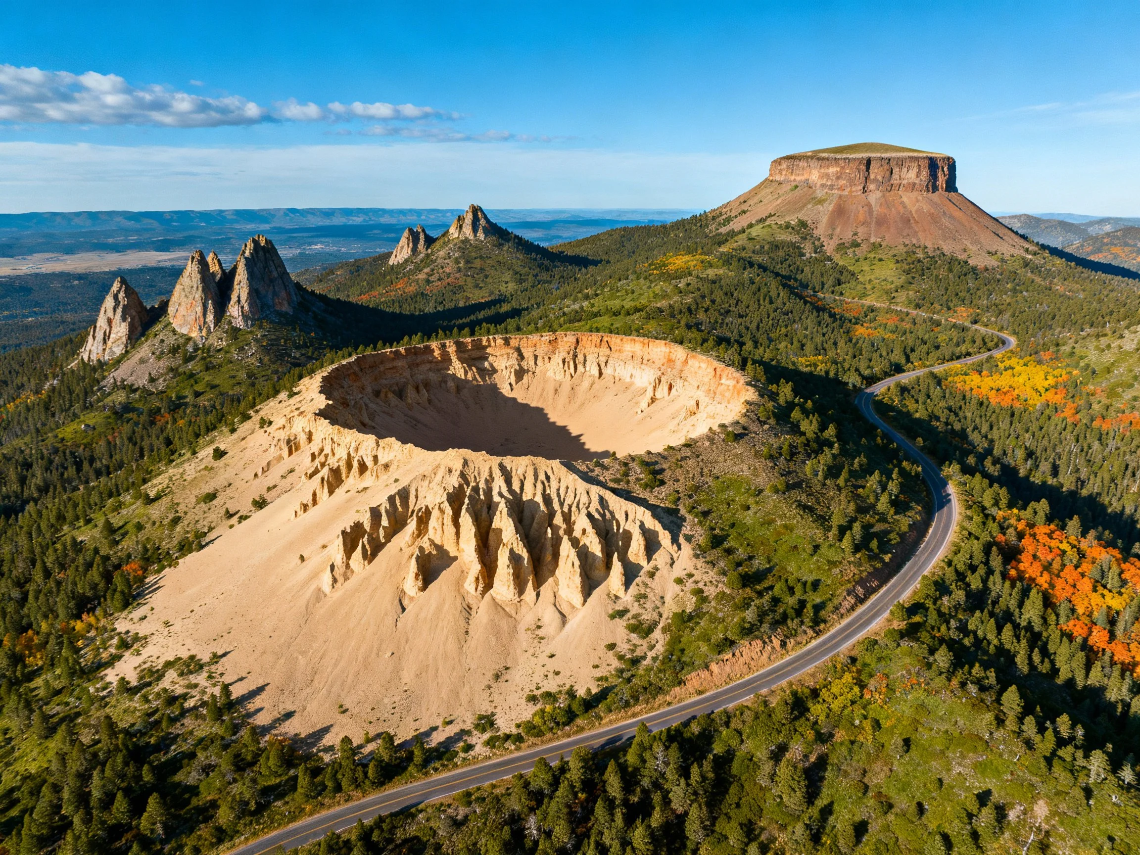 A dramatic landscape with a large circular crater, flat-topped mesa, and rocky pinnacles
