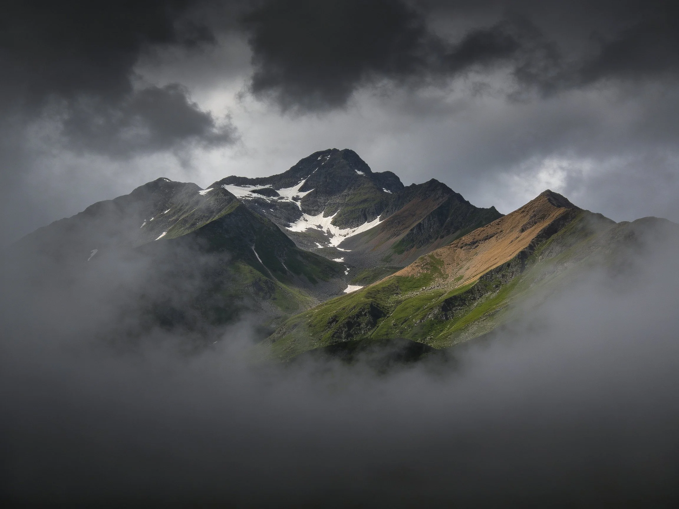 A dramatic mountain range with snow-capped peaks under stormy skies