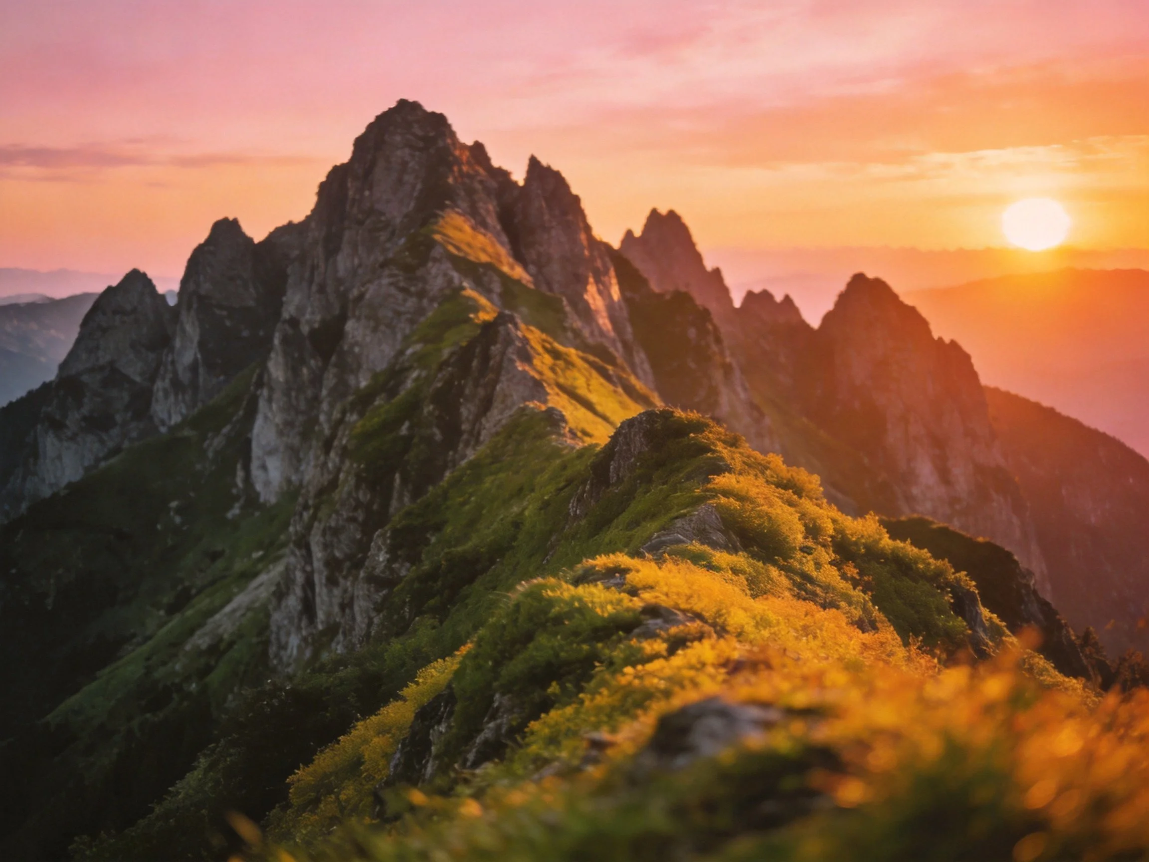 A dramatic mountain ridge bathed in golden sunset light