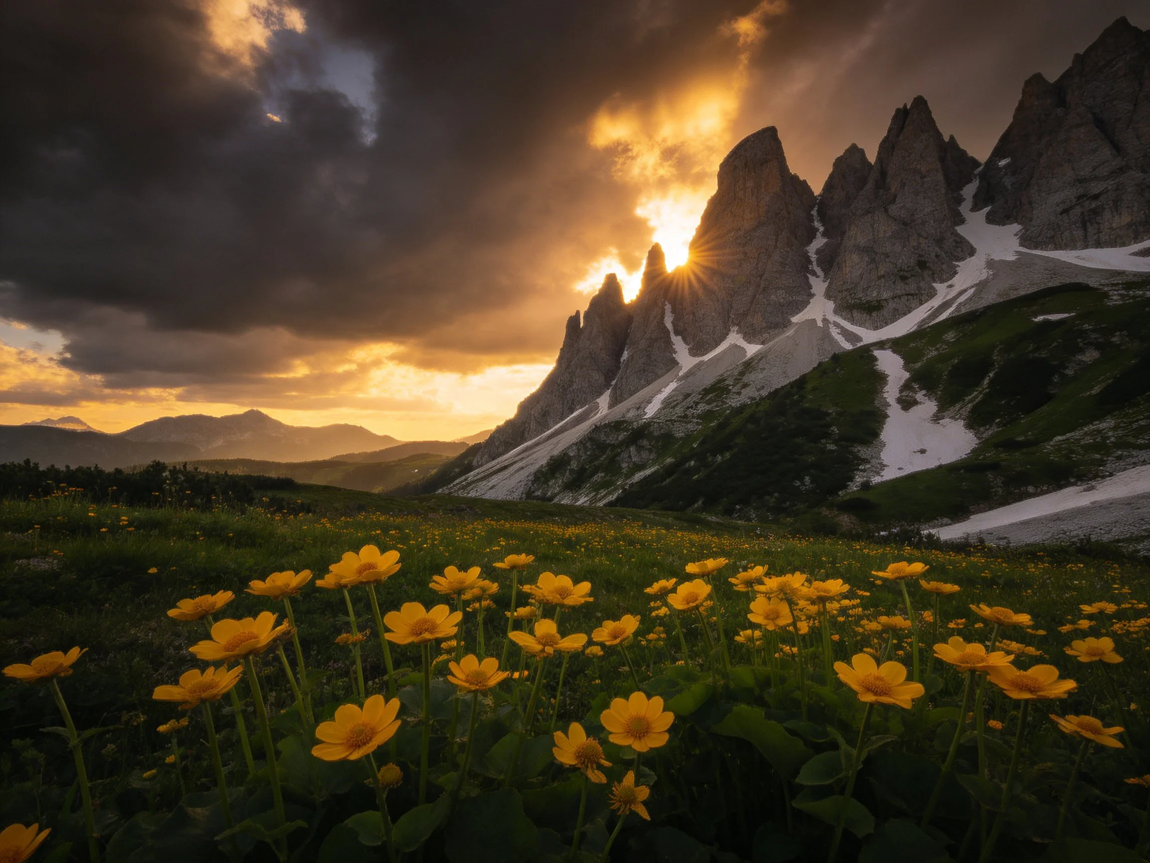 A dramatic mountain sunset with vibrant yellow wildflowers