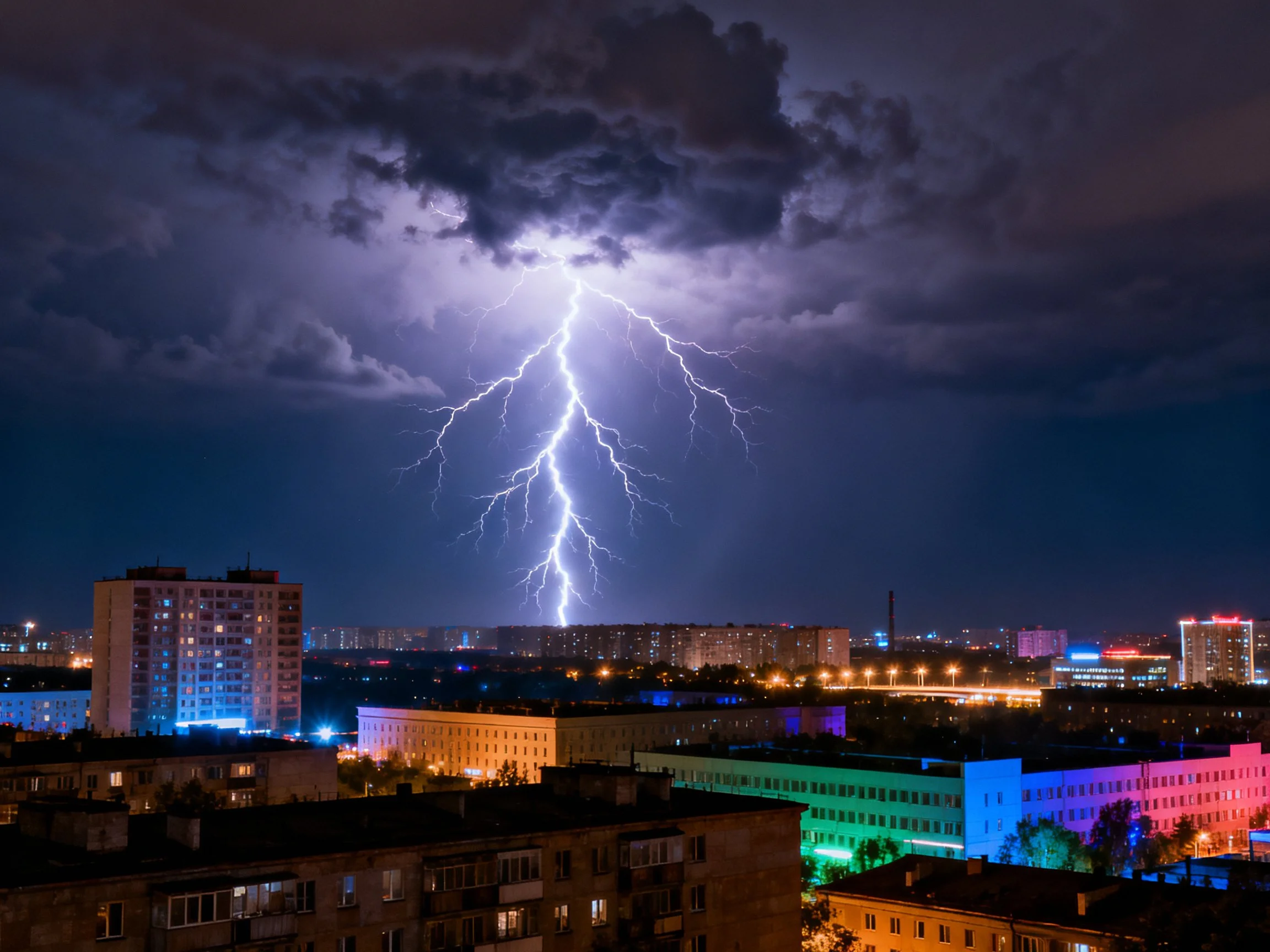 A dramatic night thunderstorm over colorful urban skyline