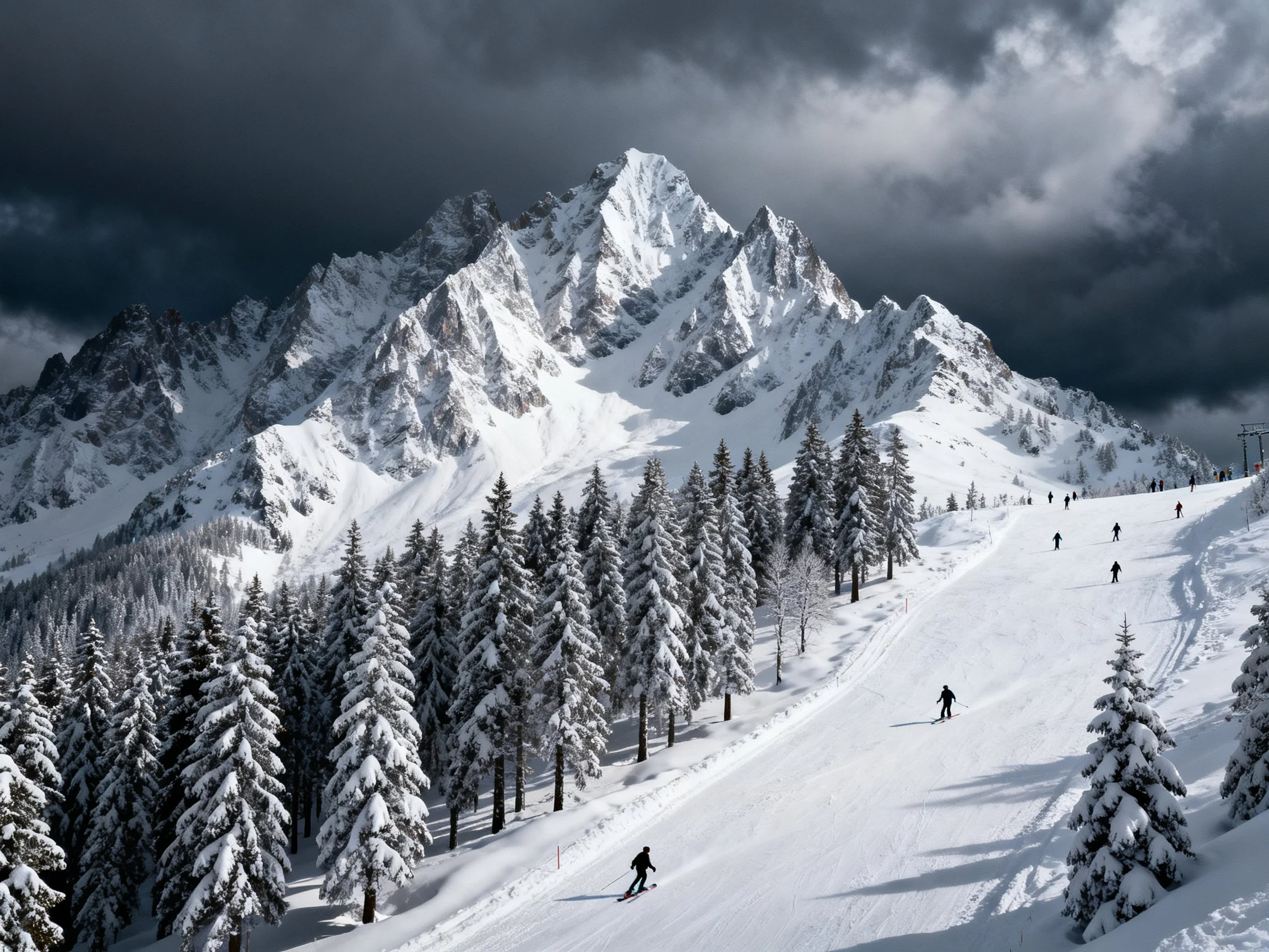 A dramatic snowy mountain ski slope with skiers