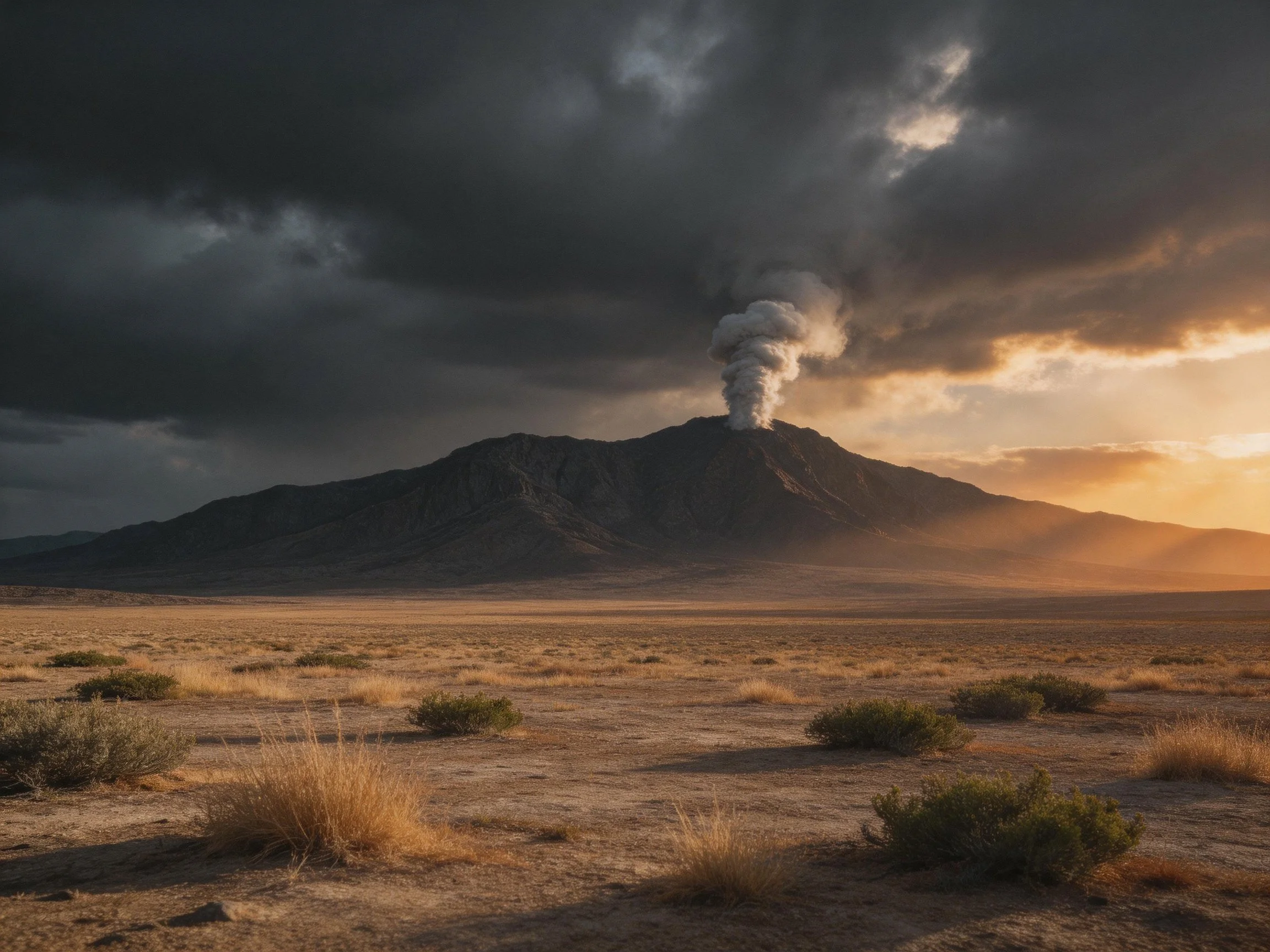 A dramatic volcanic mountain erupts amid stormy desert skies