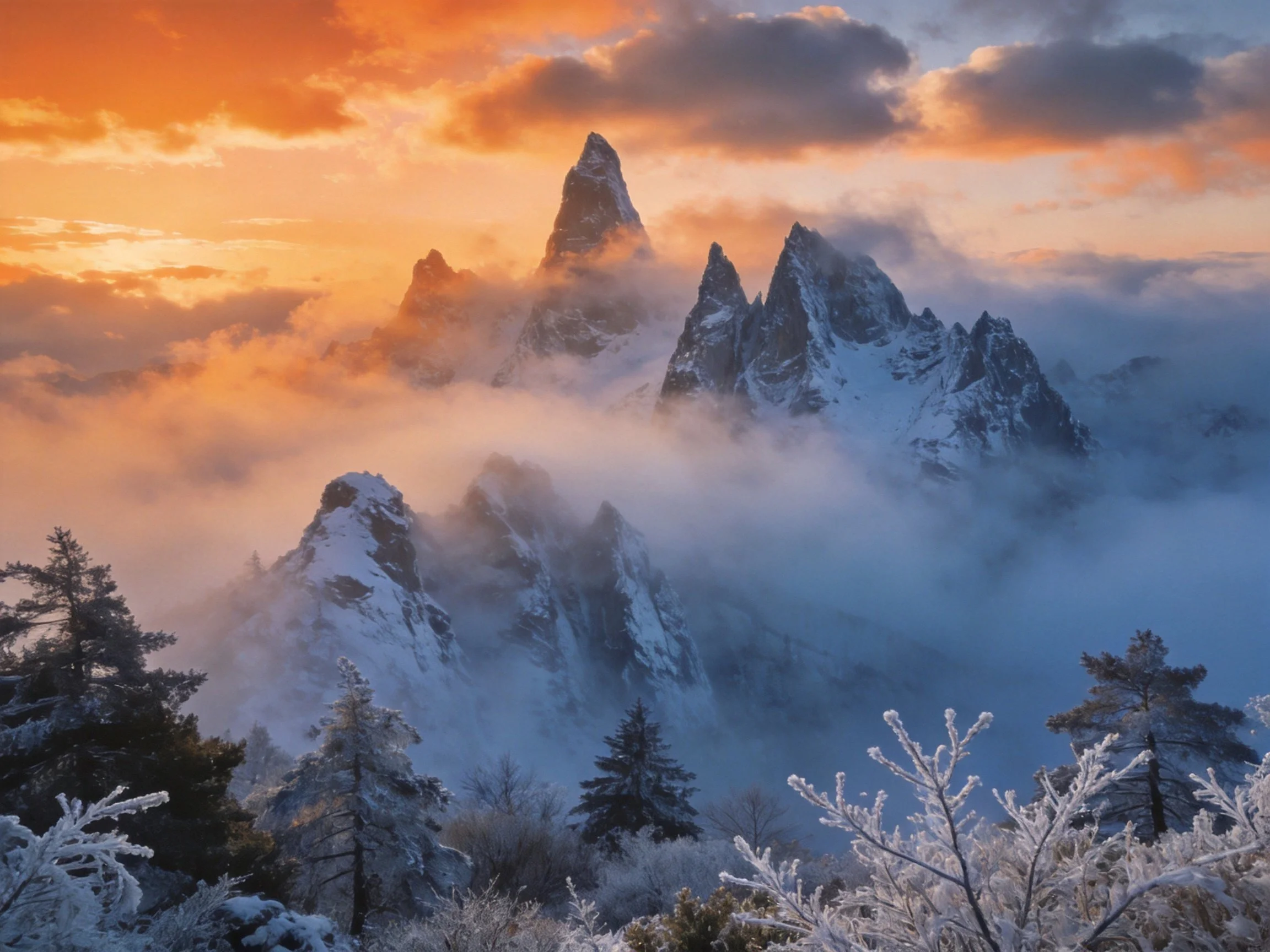 A dramatic winter mountain landscape with golden sunset and snowy peaks