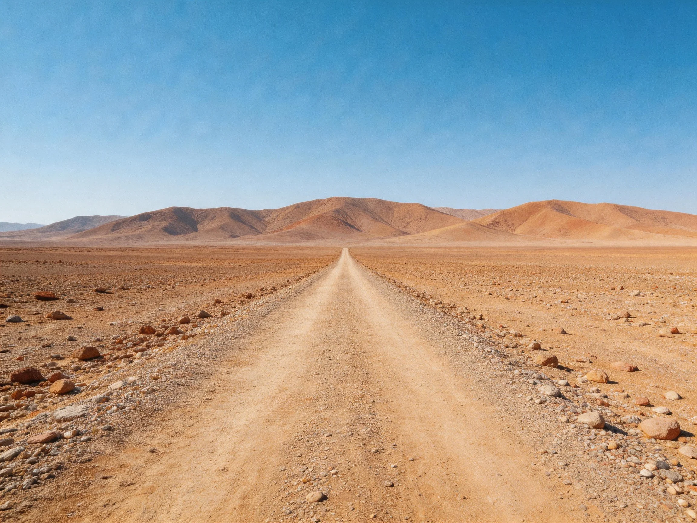 A dusty desert road extends toward distant brown mountains under clear blue sky