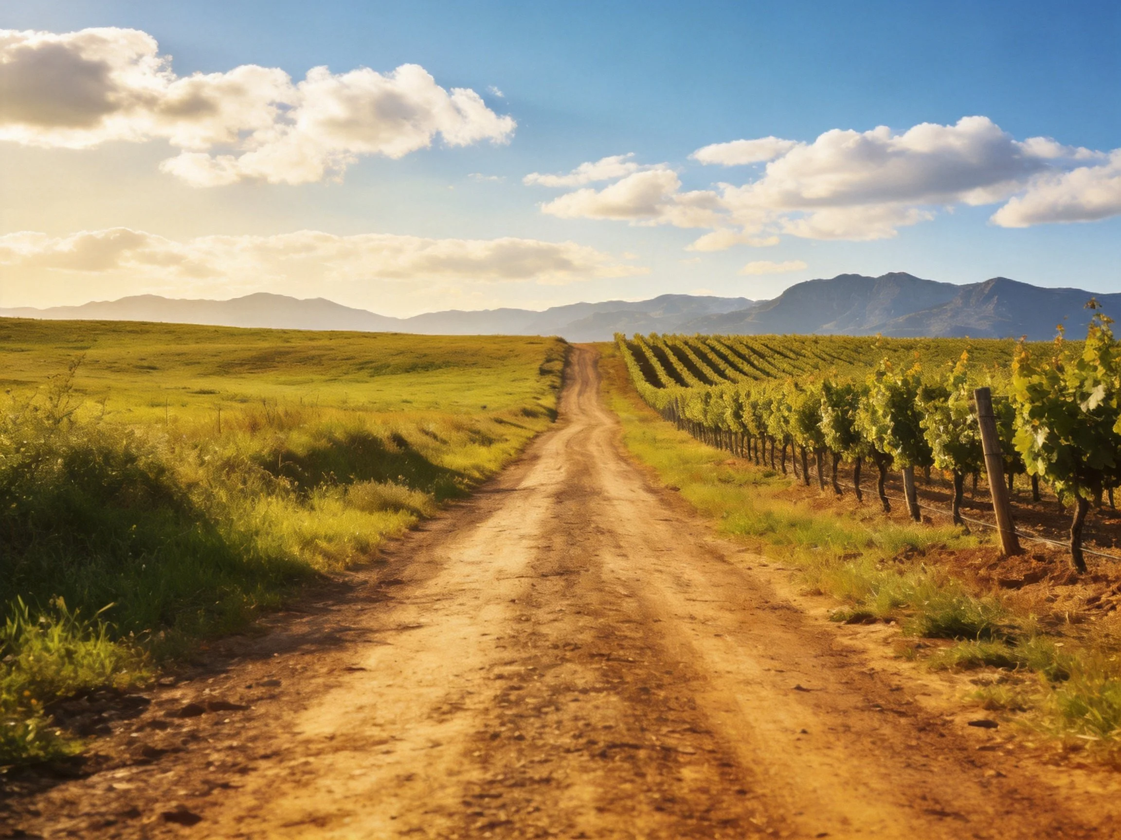 A dusty dirt road leads toward vineyards near distant mountains