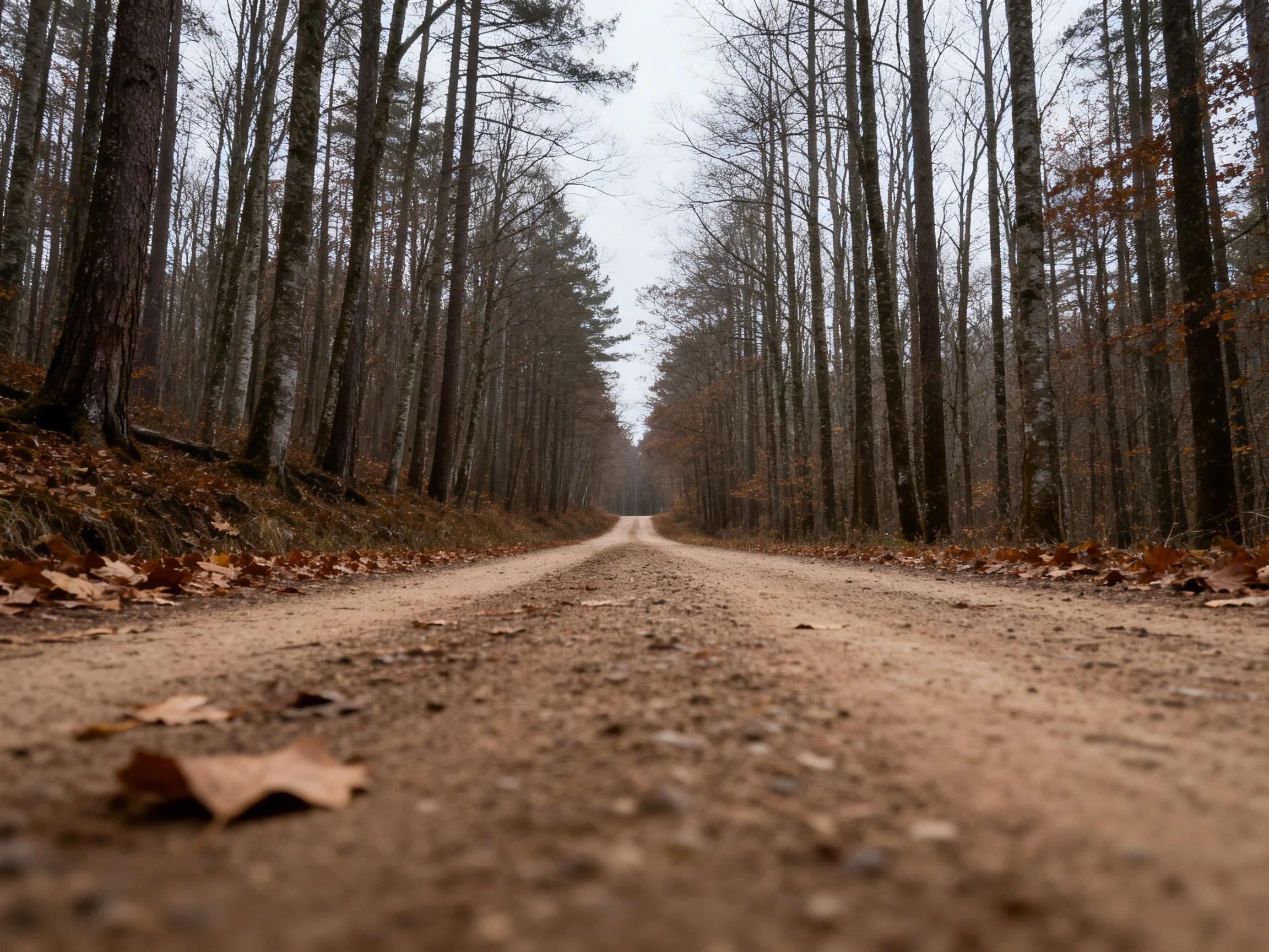 A dusty forest road bordered by tall leafless trees