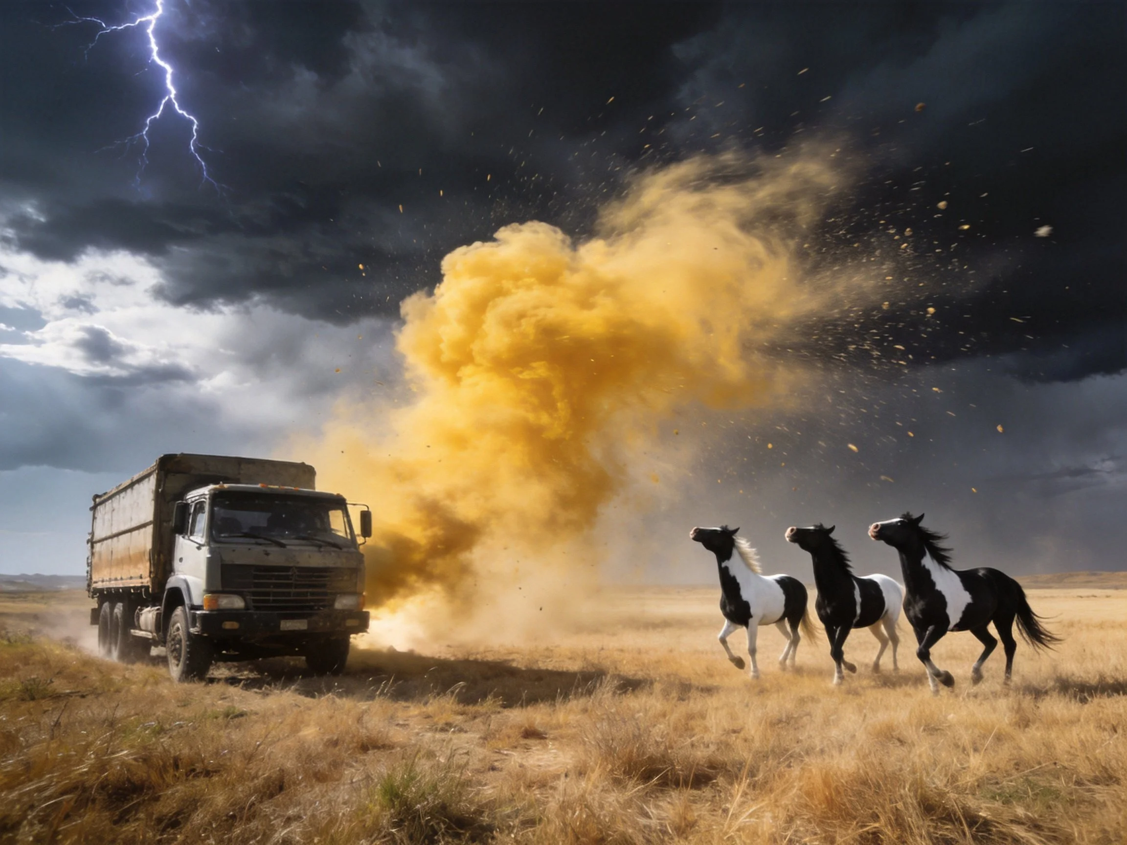 A dusty truck kicks up golden dust as horses flee under stormy skies