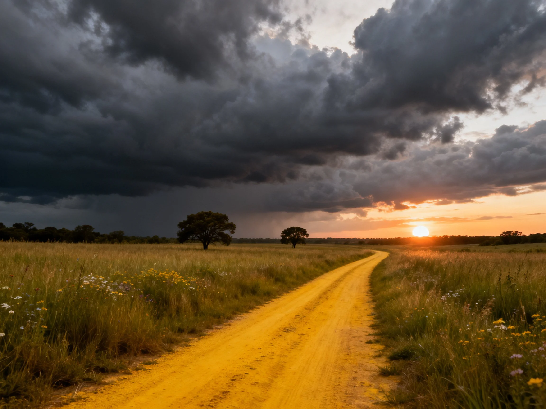 A dusty yellow road stretches toward a setting sun amid stormy dark clouds