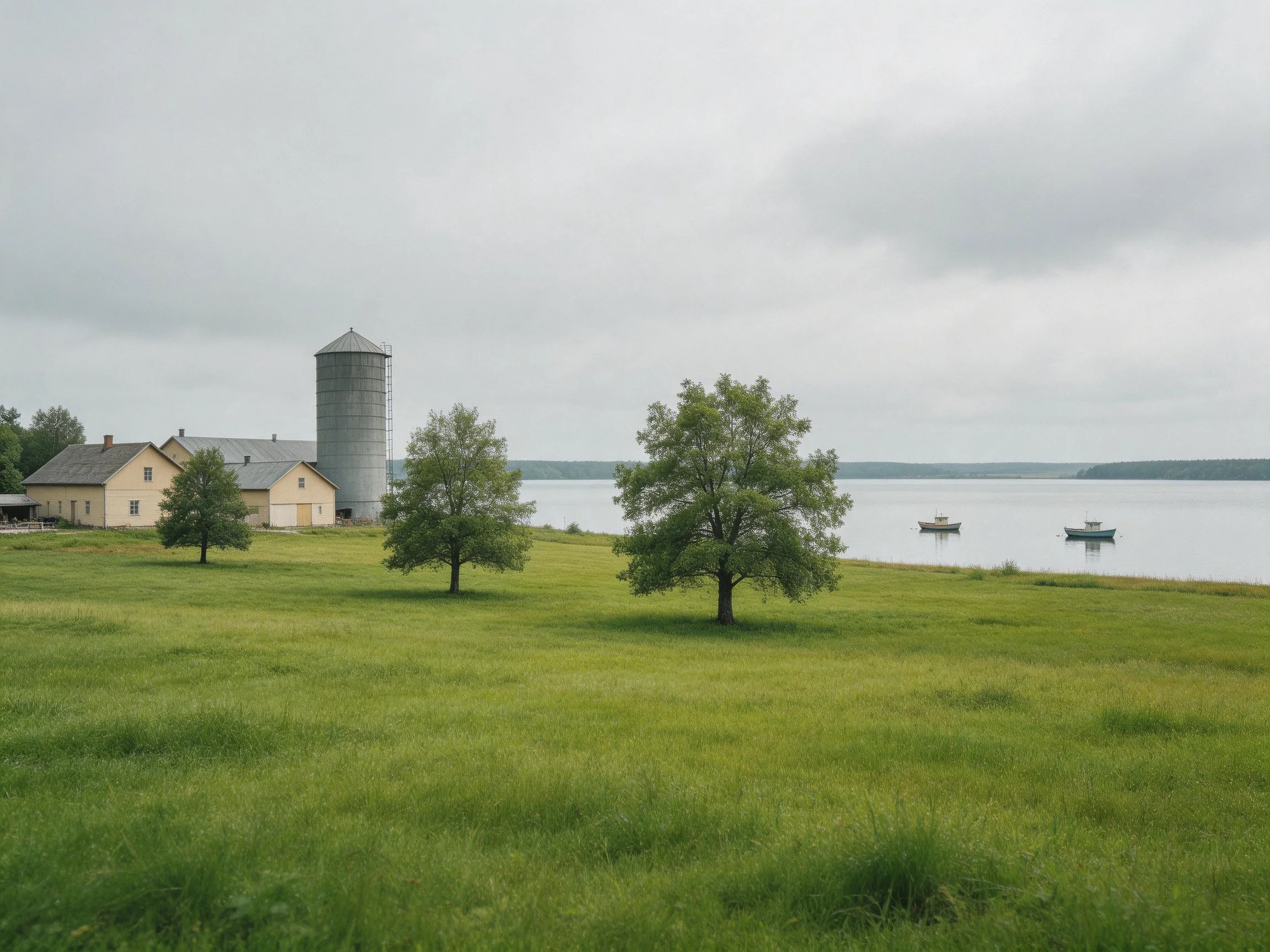 A farm with a silo, three trees, and a calm lakeside