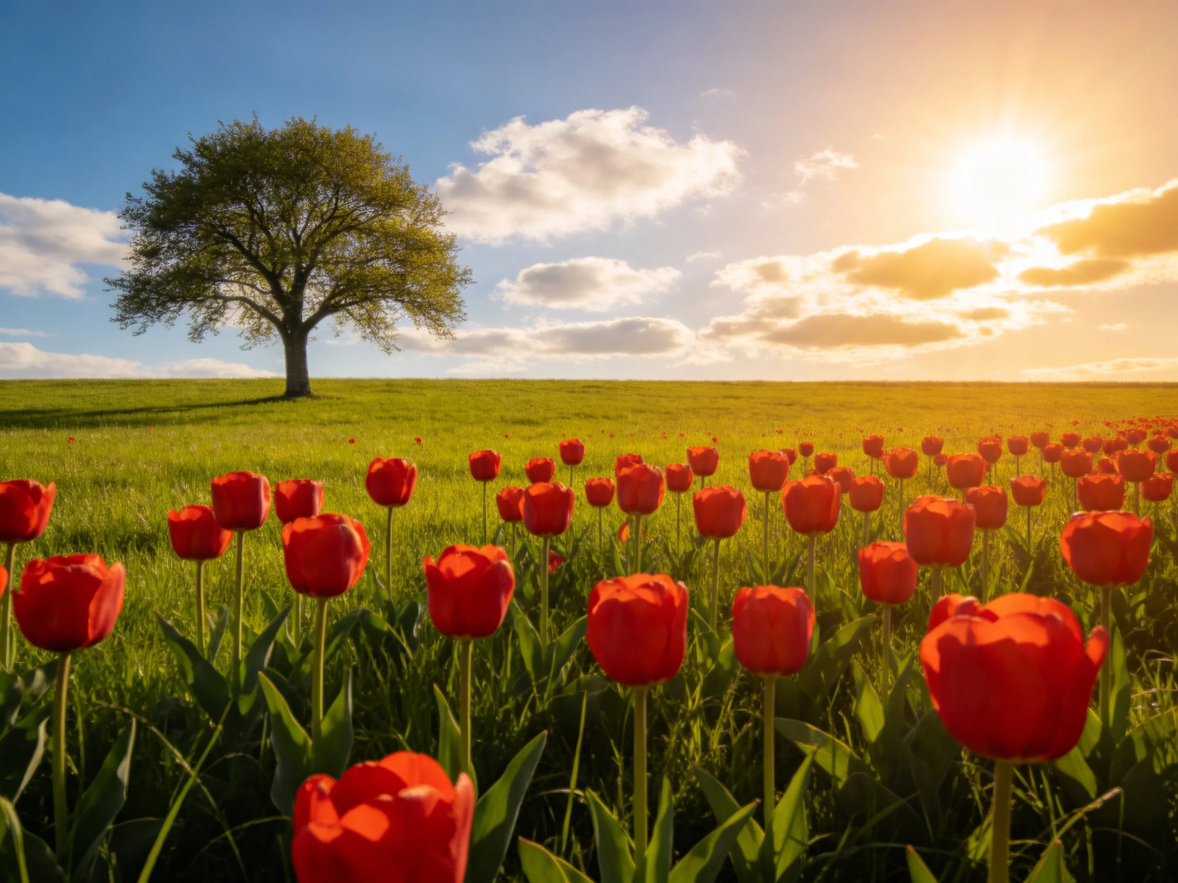 A field of vibrant red tulips near a solitary tree under golden sunlight