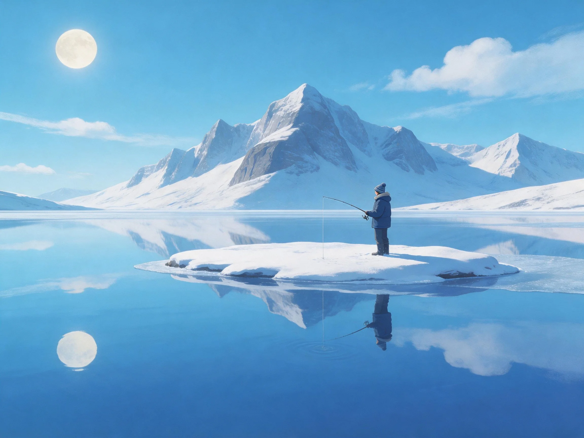 A fisher stands on a snow-covered ice floe near grand mountains