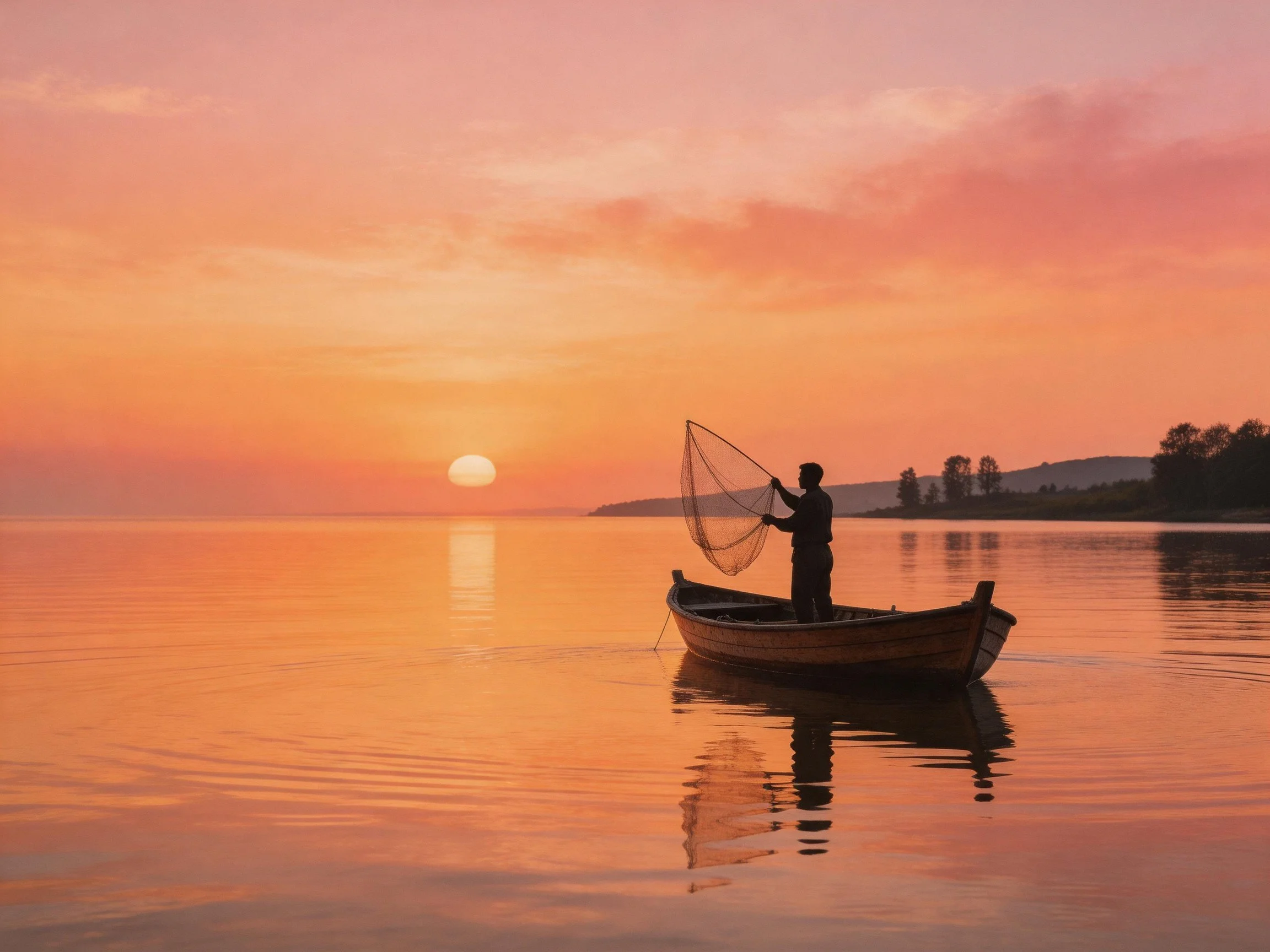 A fisherman casts a fishing net from a small wooden boat during a vibrant sunset over calm waters