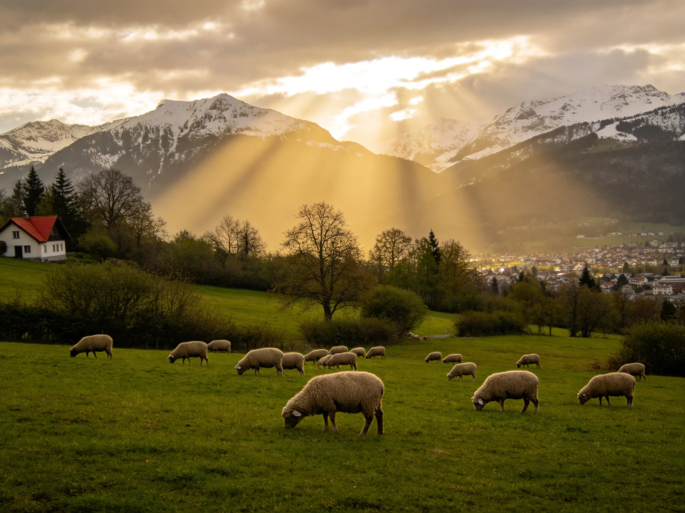 A flock of sheep grazes in a verdant meadow near snow - covered mountains under golden sunlight