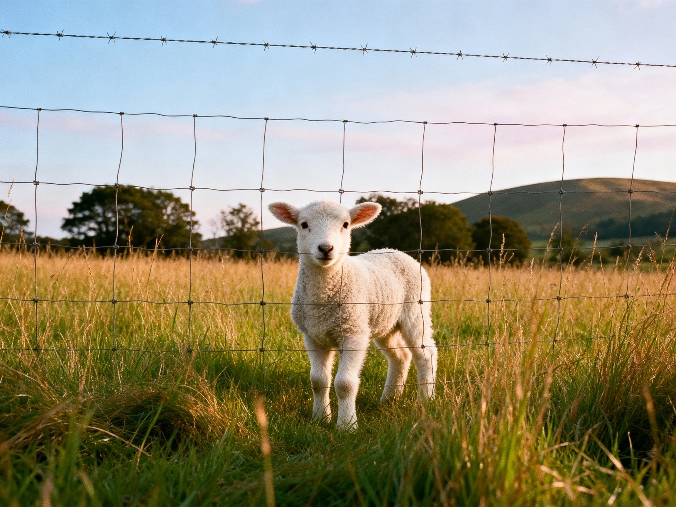 A fluffy white lamb stands behind a wire fence in golden grassland